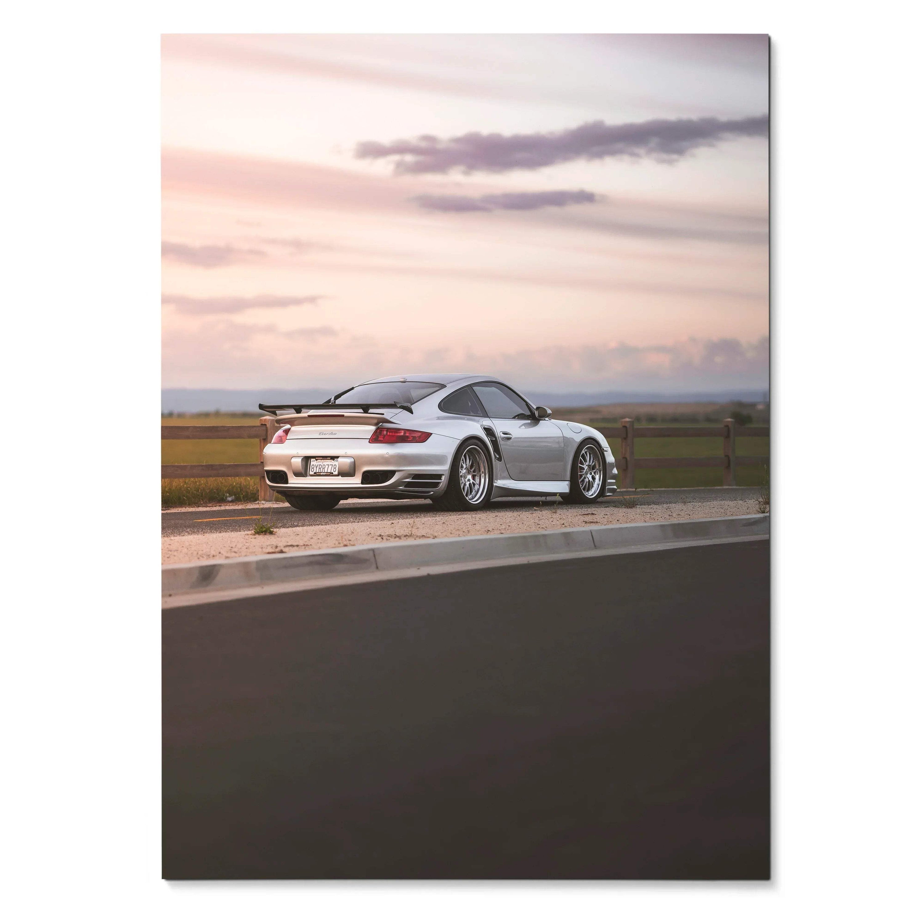 Porsche 911 Turbo sports car on runway at sunset luxury automotive poster wall art.
