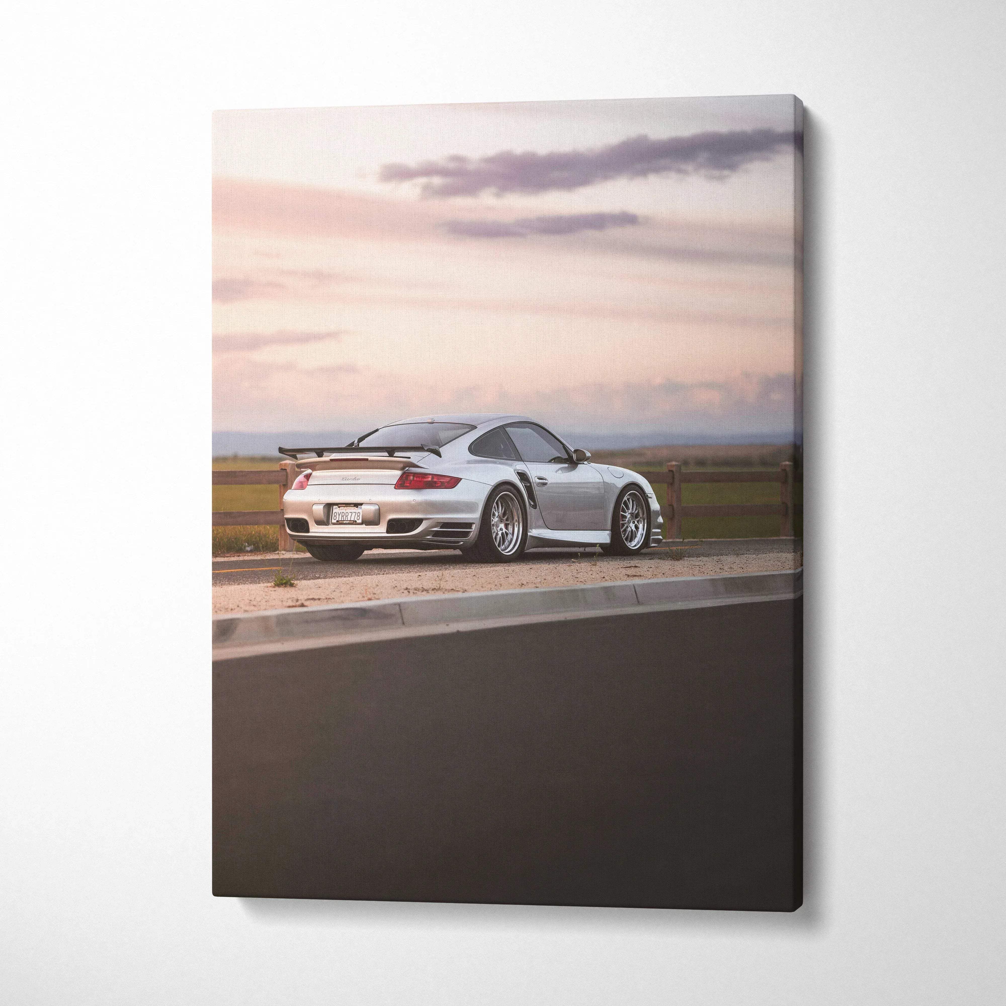 Porsche 911 Turbo in white on canvas wall art with sunset sky background, vertical car art print.