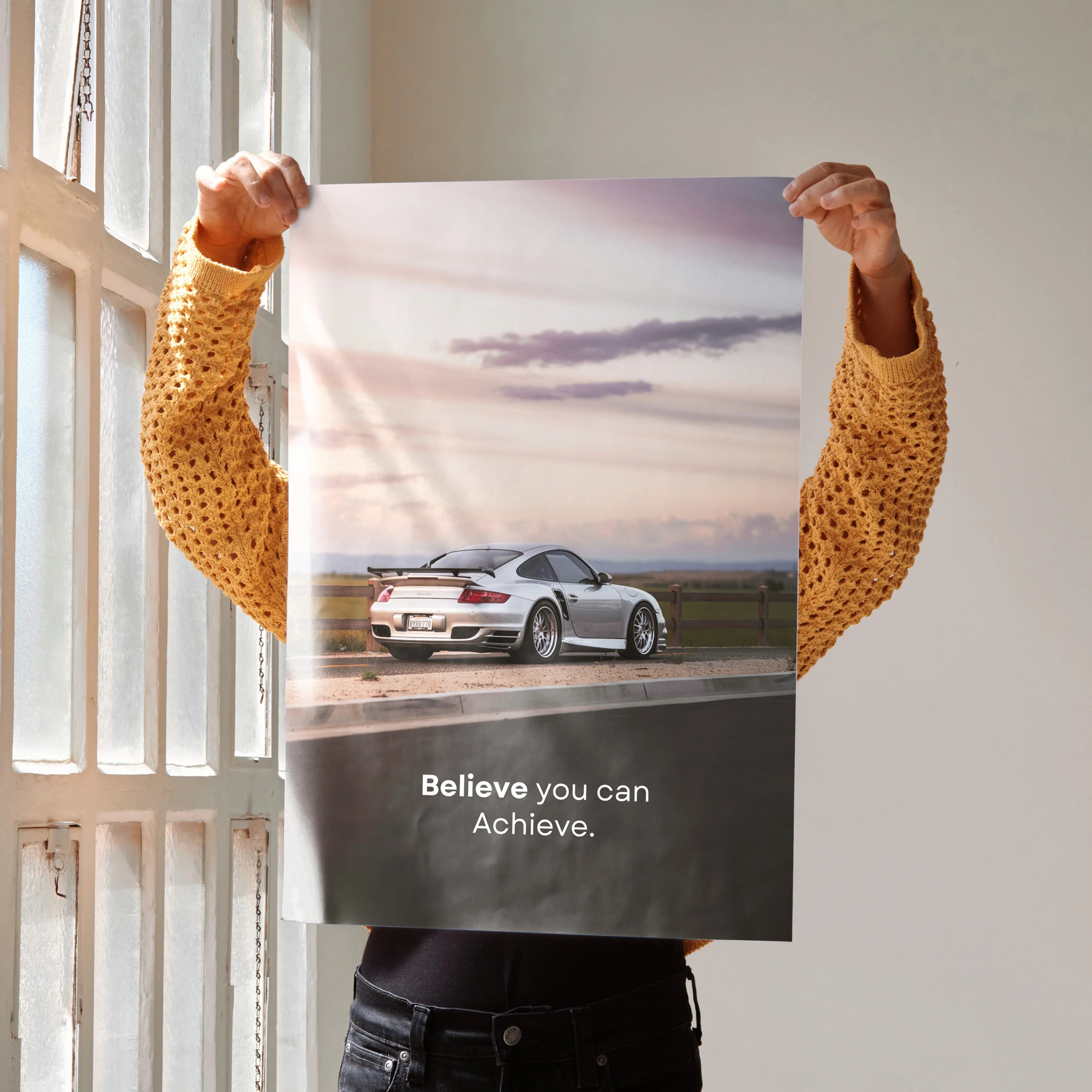 Motivational poster wall art featuring Porsche 911 Turbo with "Believe you can Achieve" text.