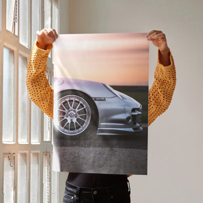Porsche 911 Turbo poster with high-resolution side profile and sunset background wall art.
