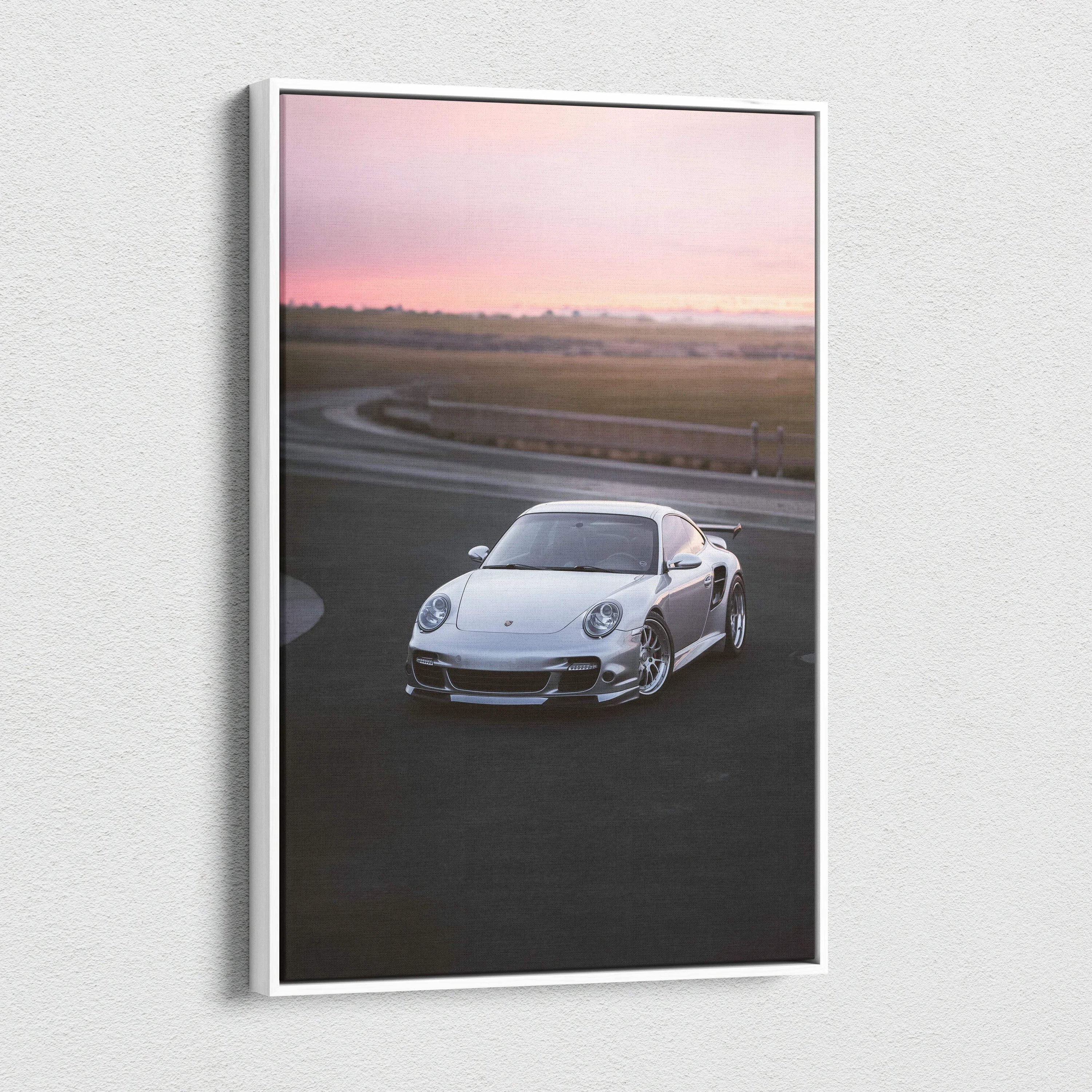 Vertical canvas art of white Porsche 911 Turbo on racetrack at sunset wall art.
