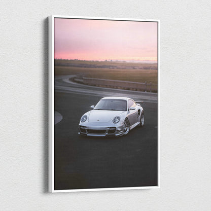 Vertical canvas art of white Porsche 911 Turbo on racetrack at sunset wall art.