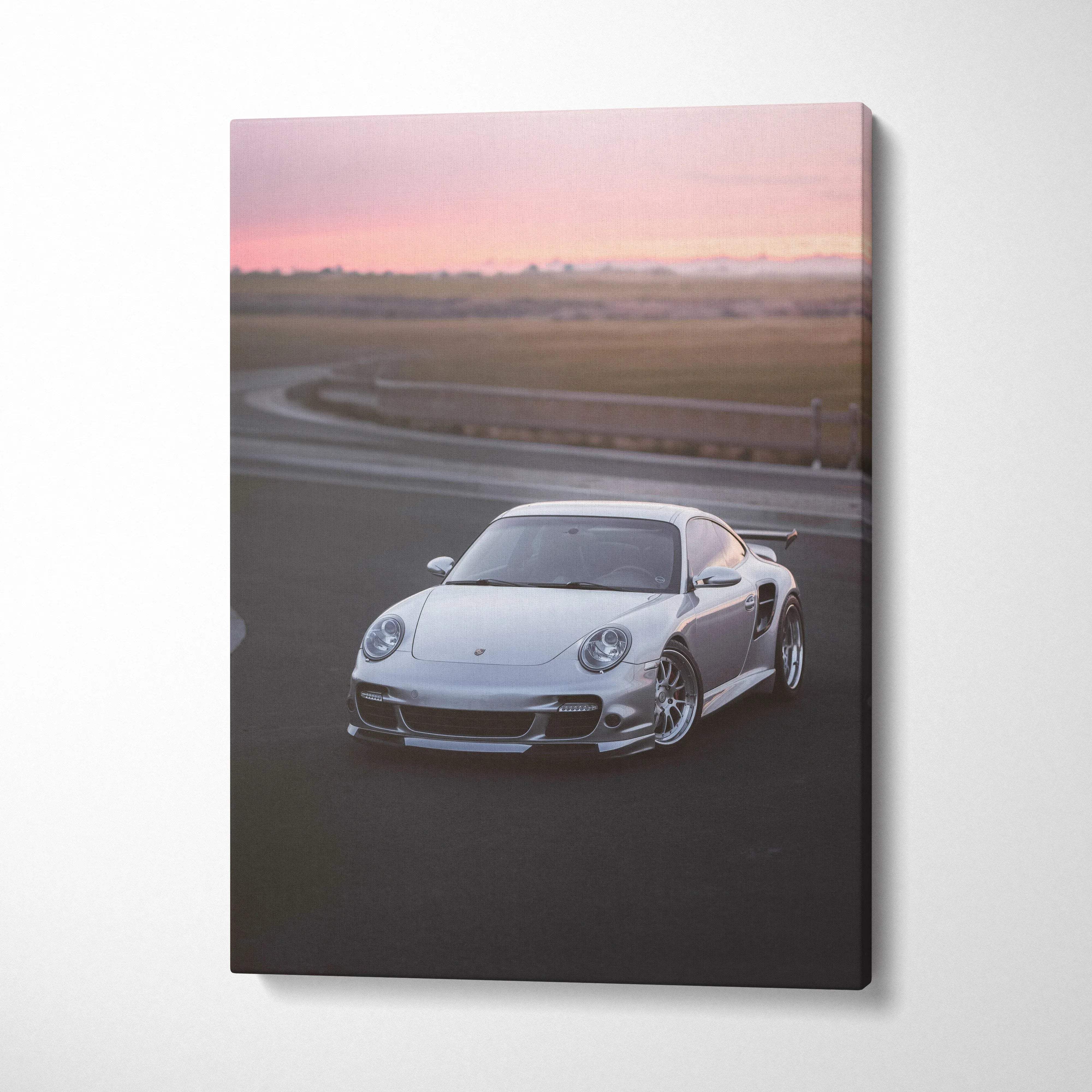 Porsche 911 Turbo on racetrack at sunset vertical canvas wall art print.