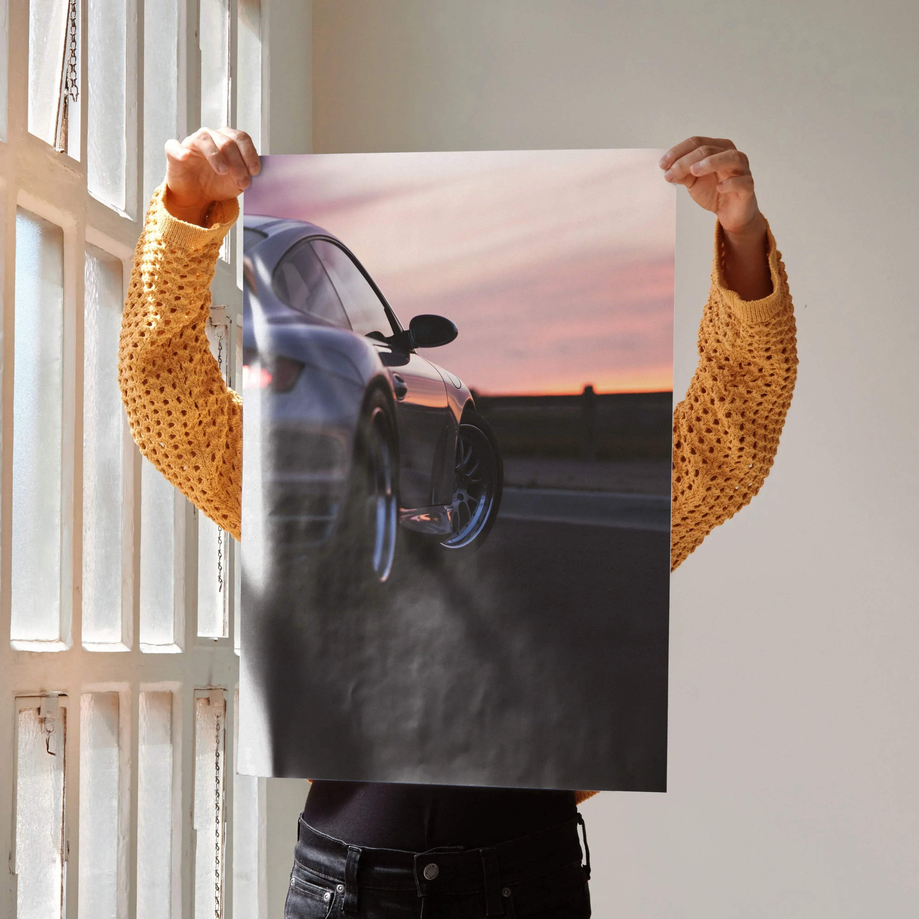 Porsche 911 Turbo poster showing rear side at sunset, luxury wall art for car lovers.