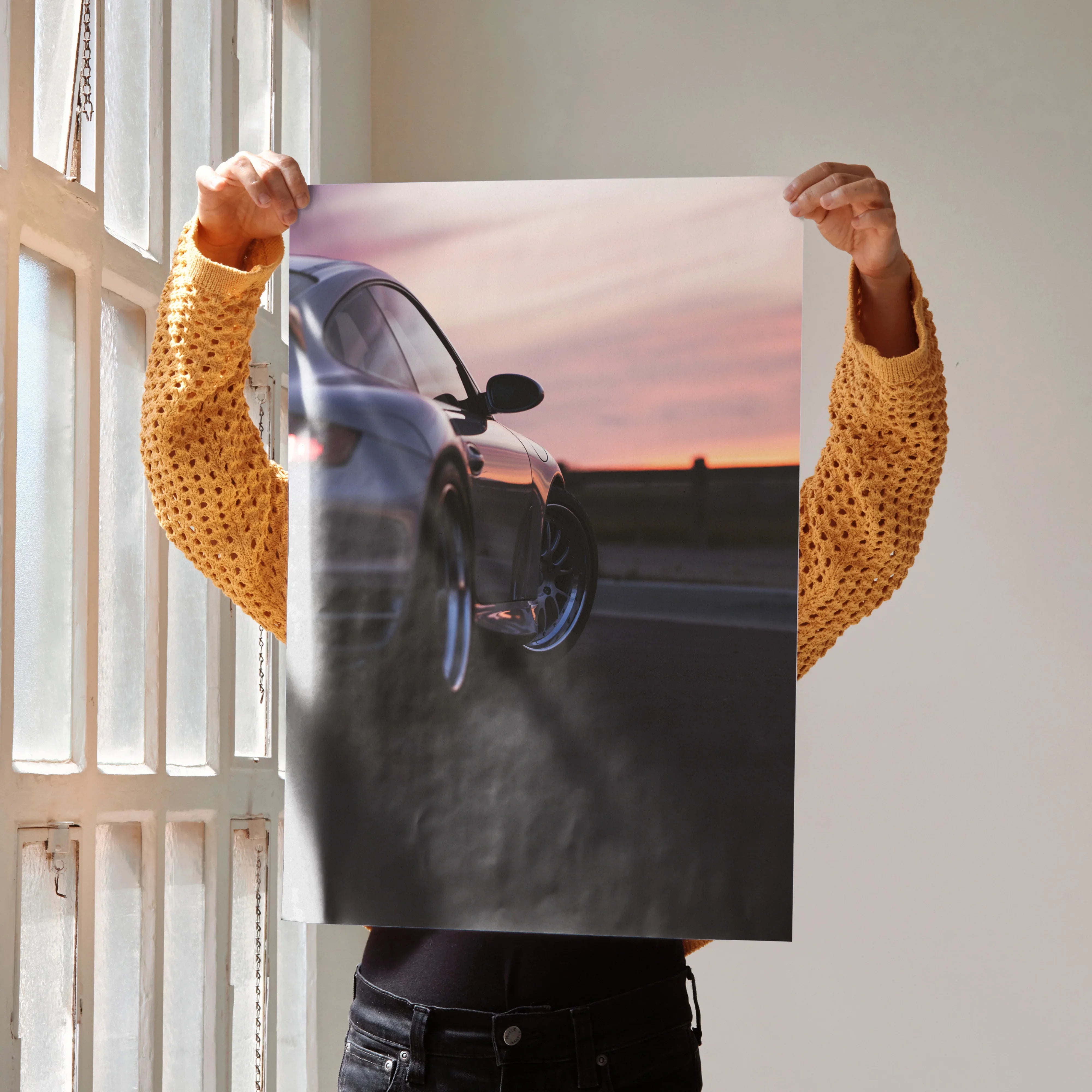 Porsche 911 Turbo poster showing rear side at sunset, luxury wall art for car lovers.