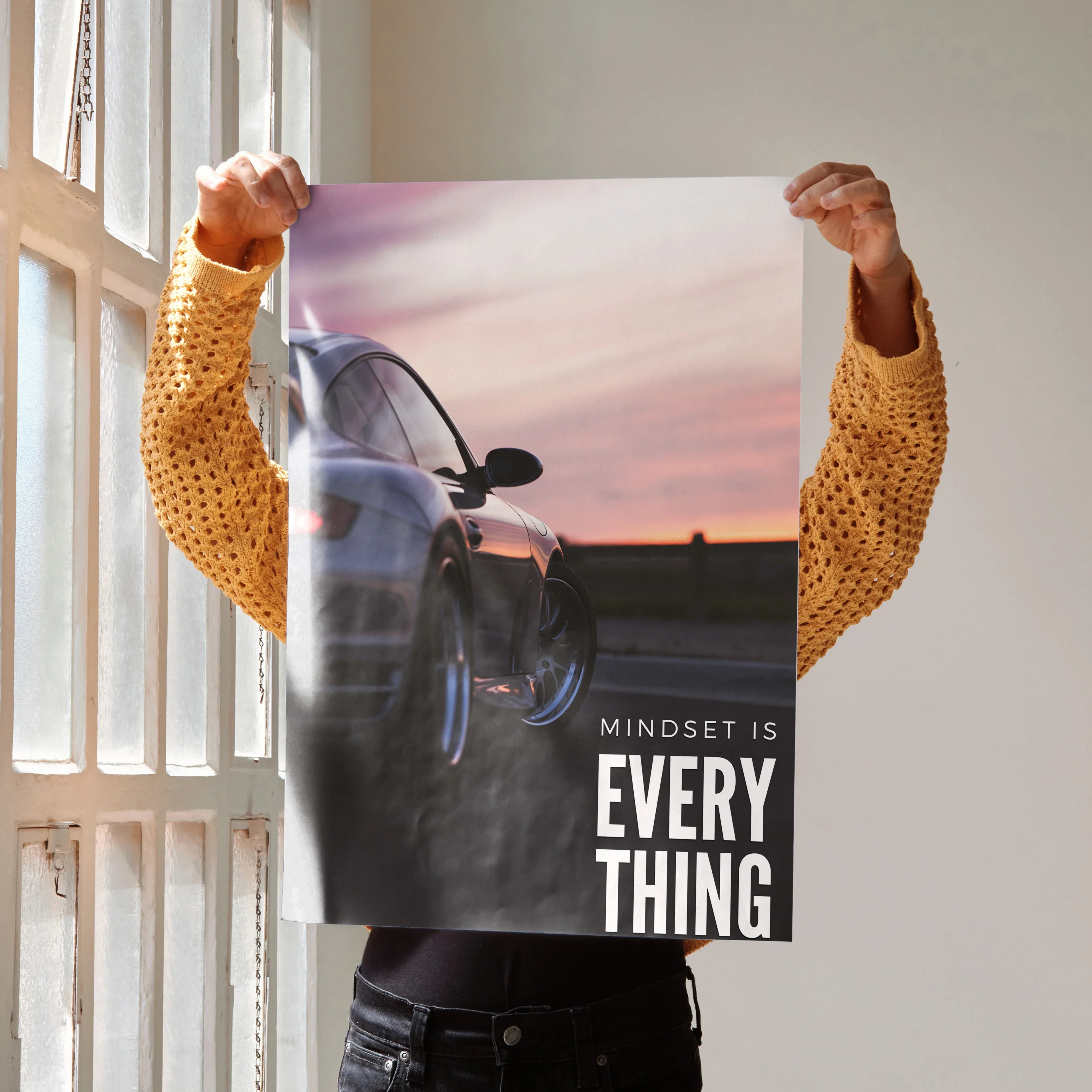 Porsche 911 Turbo motivational poster with sunset and "Mindset is Everything" text wall art.