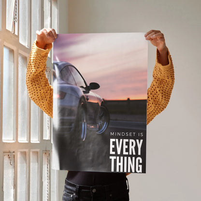 Porsche 911 Turbo motivational poster with sunset and "Mindset is Everything" text wall art.