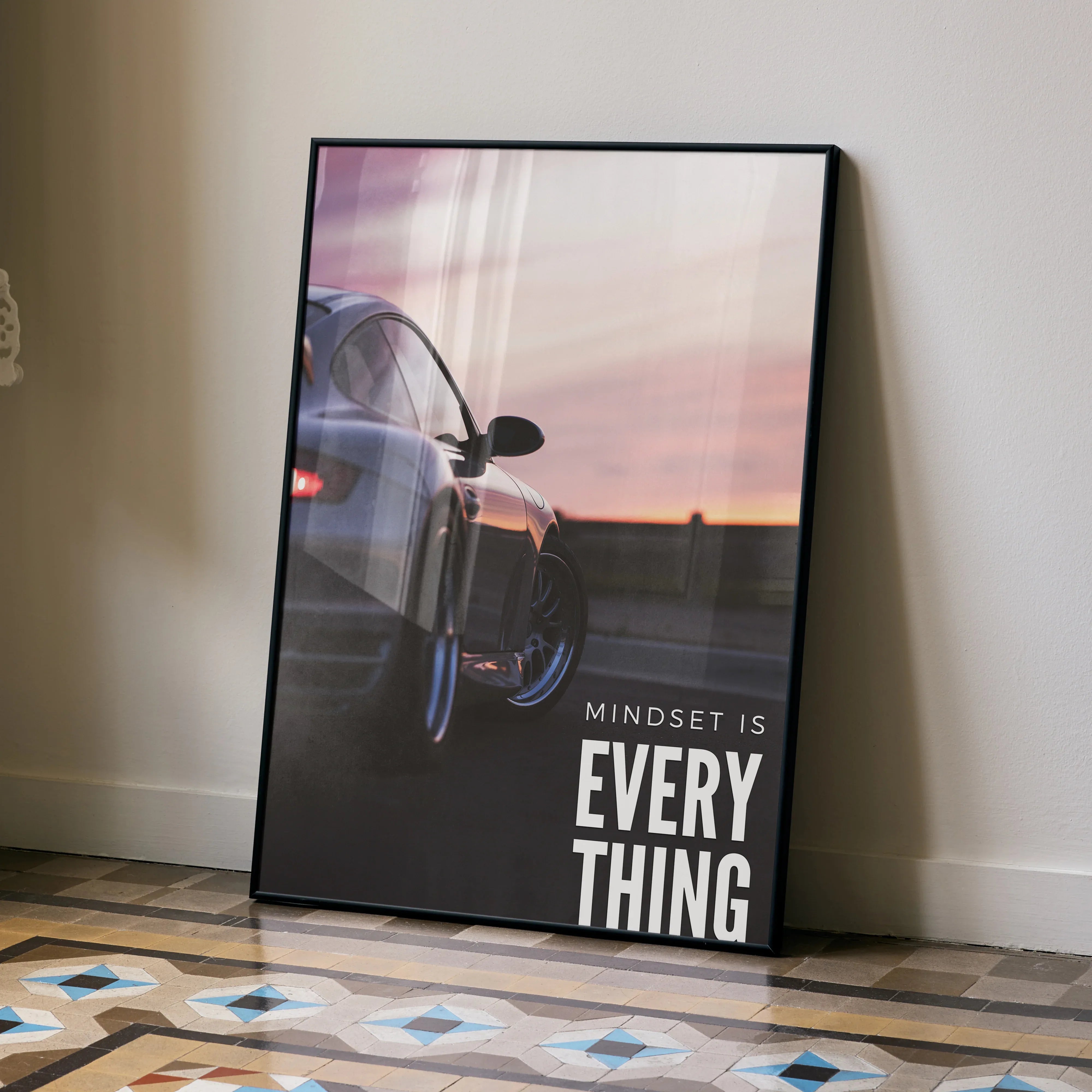 Porsche 911 Turbo motivational poster wall art with sunset and "Mindset is everything" text.