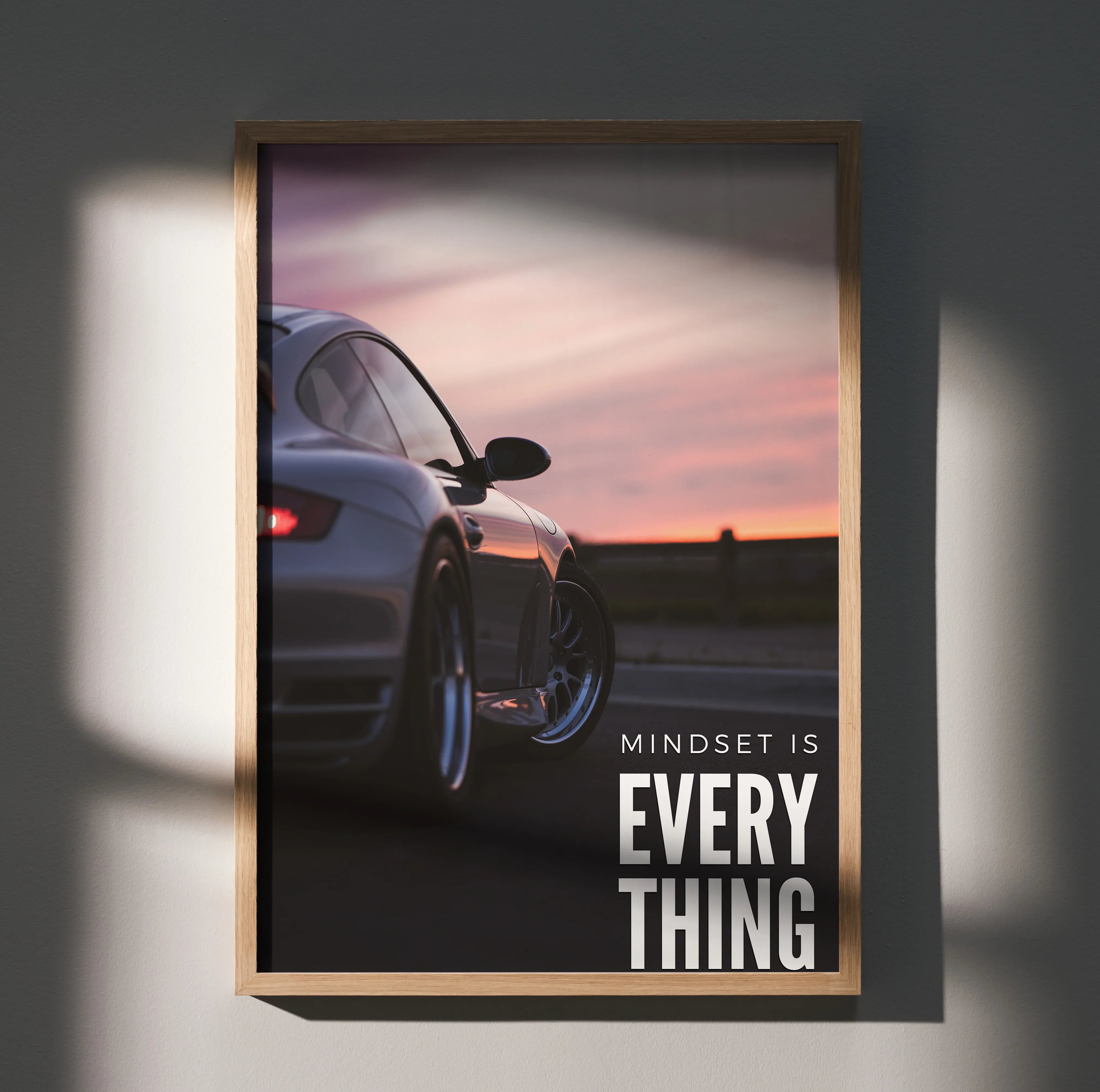 Porsche 911 Turbo at sunset with "Mindset is everything" motivational text poster wall art in wooden frame.