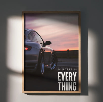 Porsche 911 Turbo at sunset with "Mindset is everything" motivational text poster wall art in wooden frame.