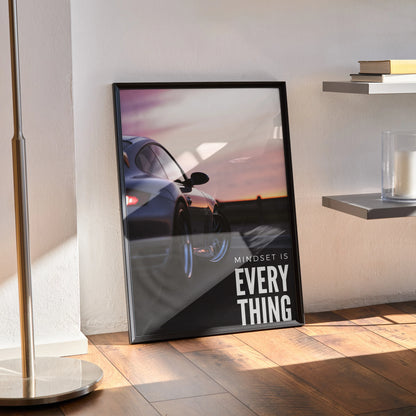 Porsche 911 Turbo poster with sunset background and inspiring "Motivation is Everything" wall art text.