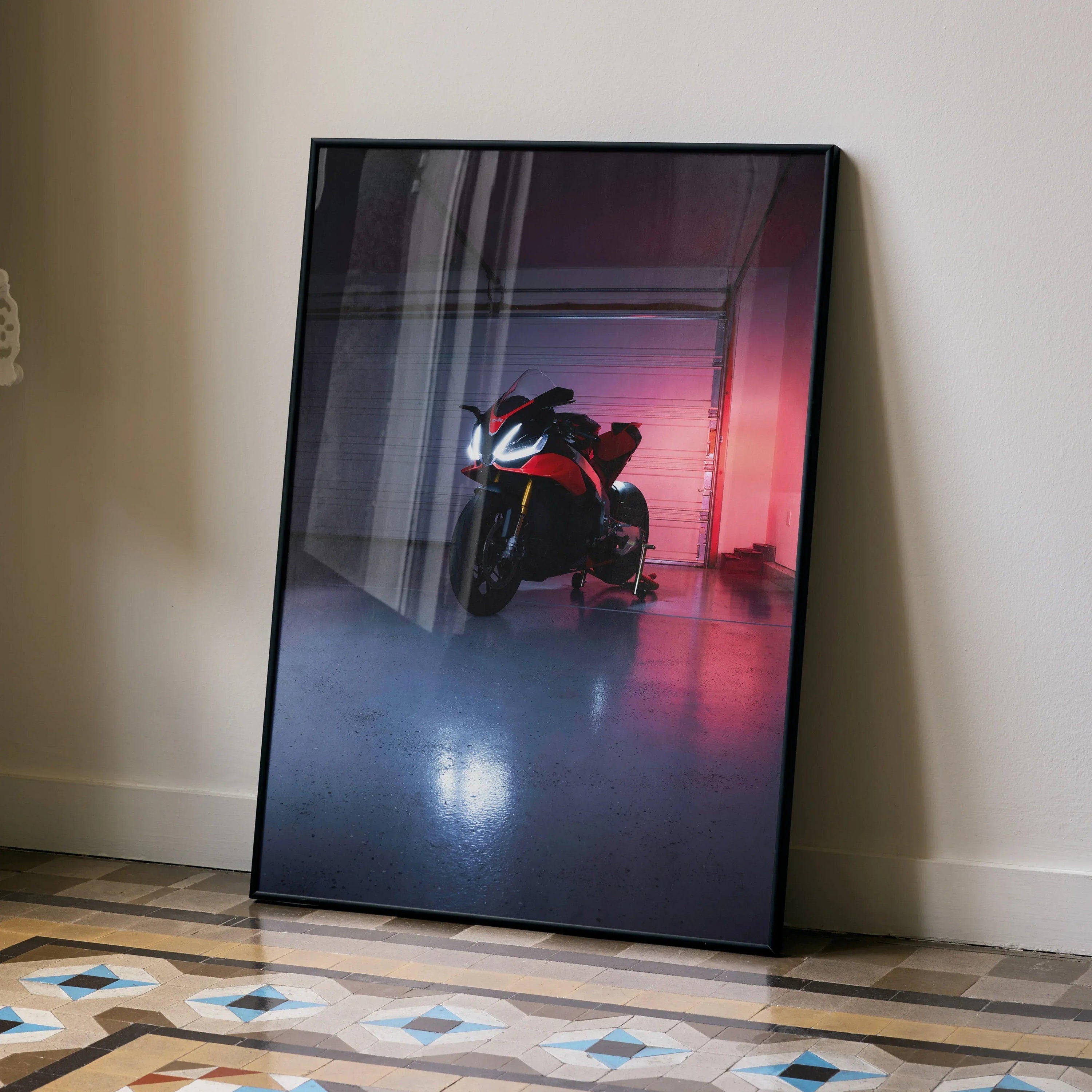 Aprilia RSV4 1100 Factory motorcycle poster with moody red and blue lighting wall art in black frame.