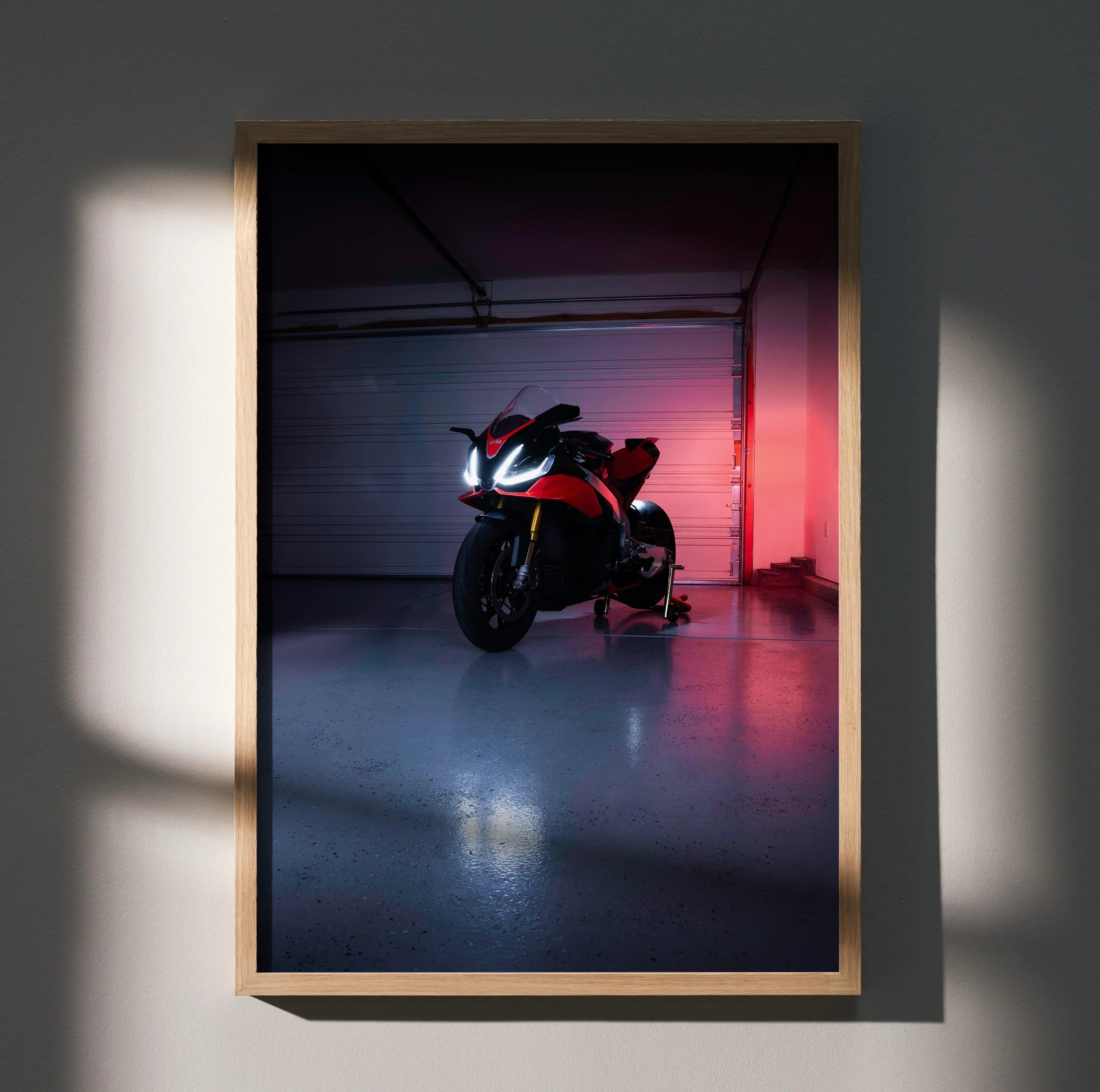 Aprilia RSV4 1100 Factory motorcycle poster with dramatic lighting, sleek black and red bike wall art.