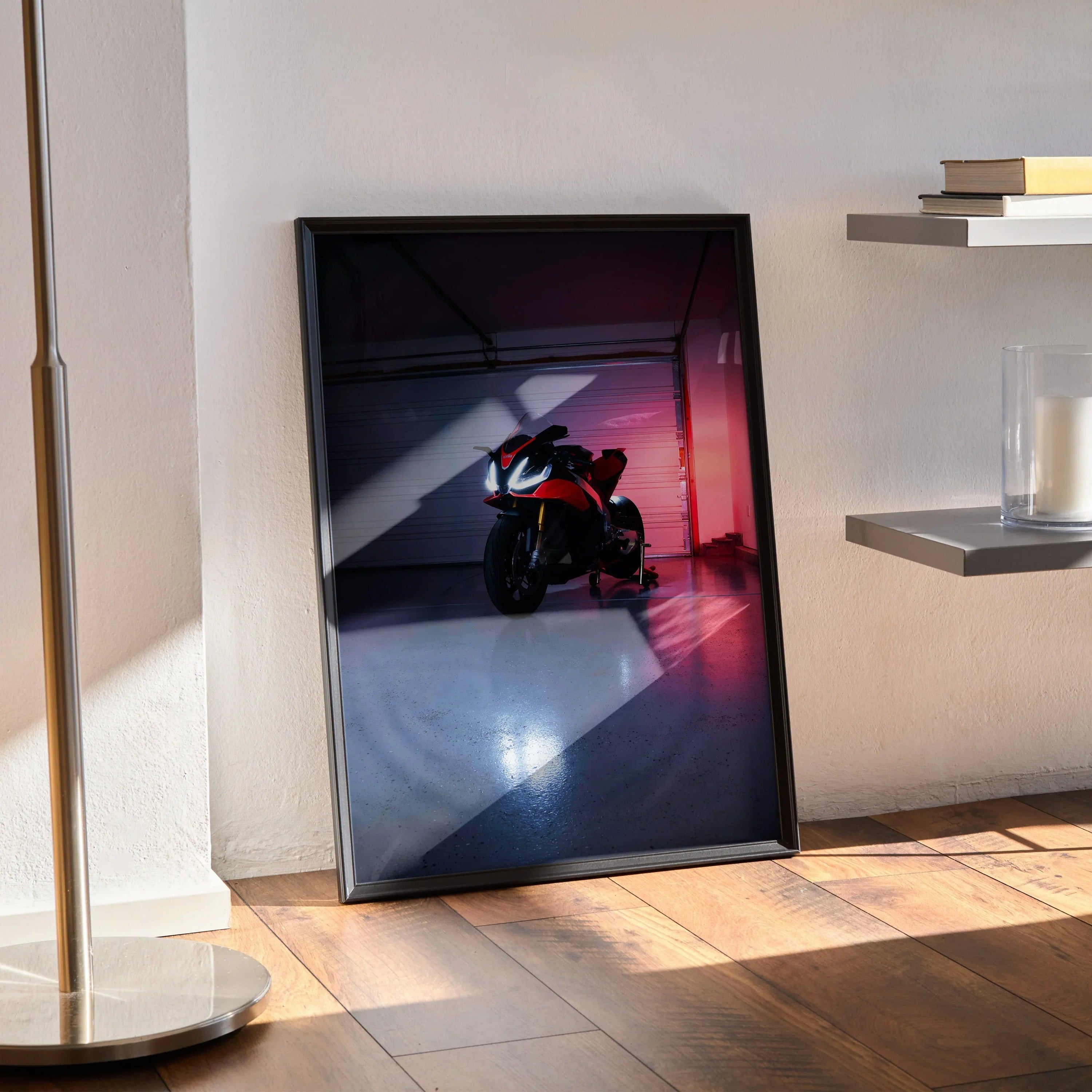 Aprilia RSV4 1100 Factory motorcycle poster with dramatic lighting in sleek black frame wall art.