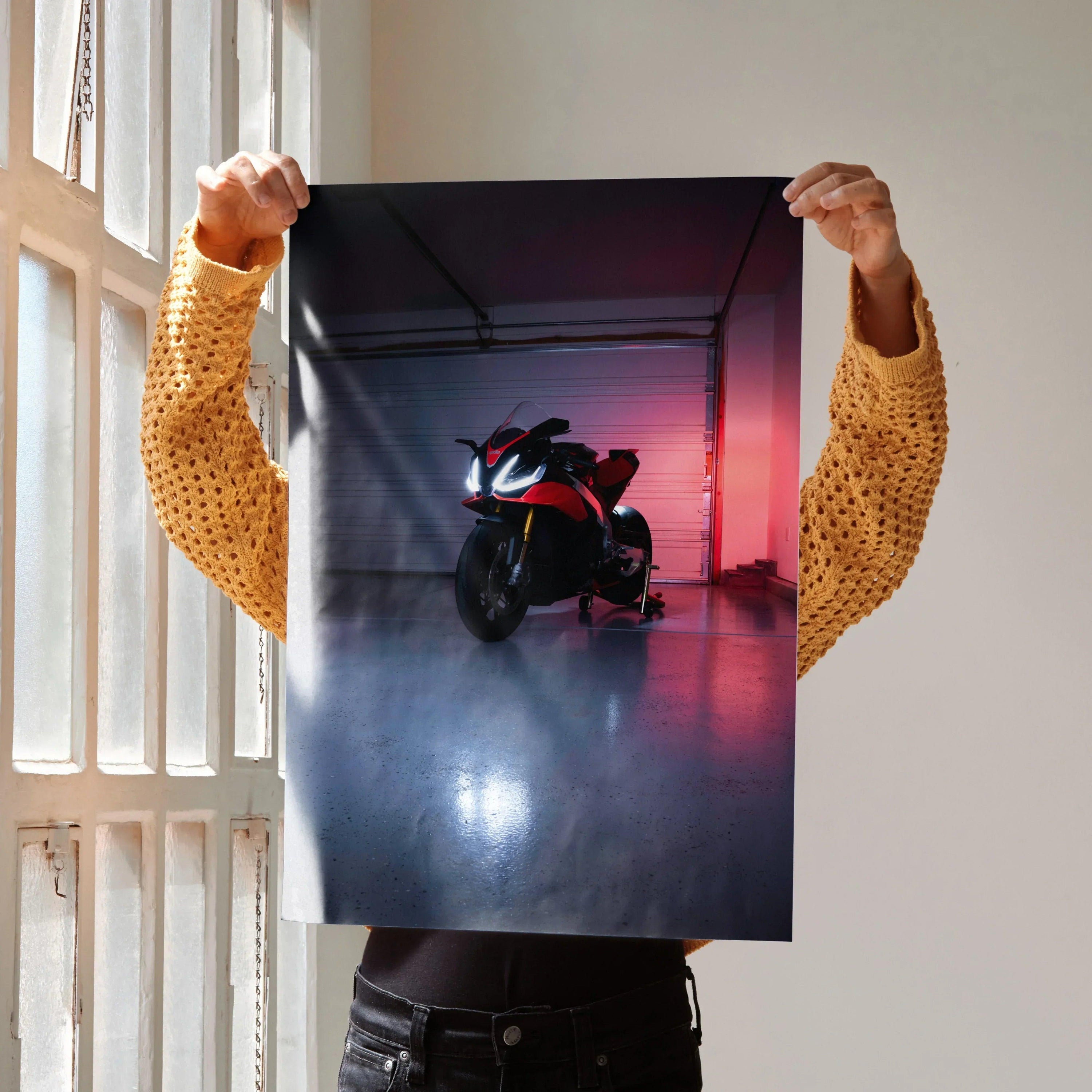 Aprilia RSV4 1100 Factory motorcycle poster with moody dark lighting, modern wall art design.