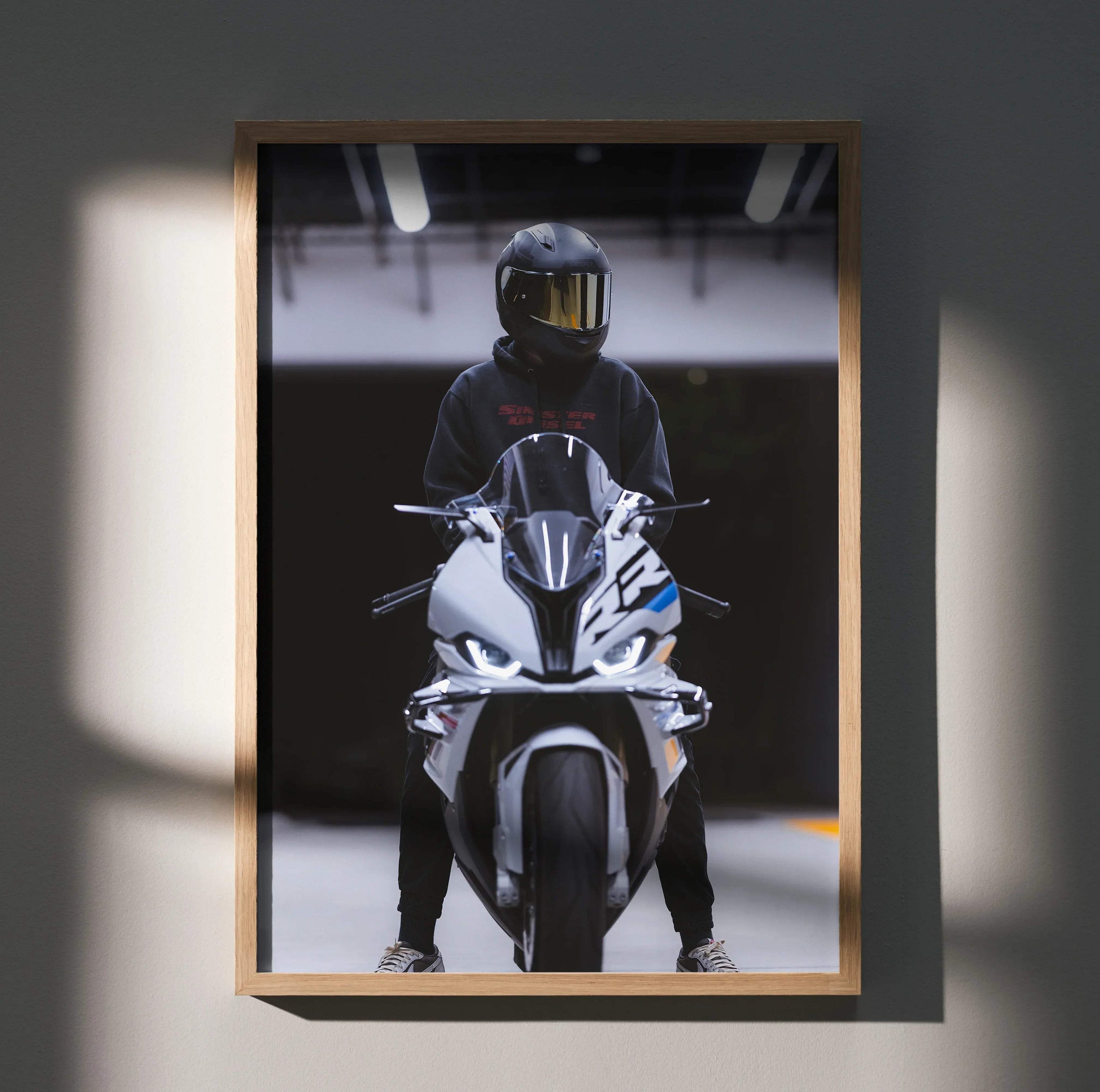 Biker Poster #023 - Male | Shoei RF1200 Helmet | BMW S1000RR Motorcycle - Throttle Designs