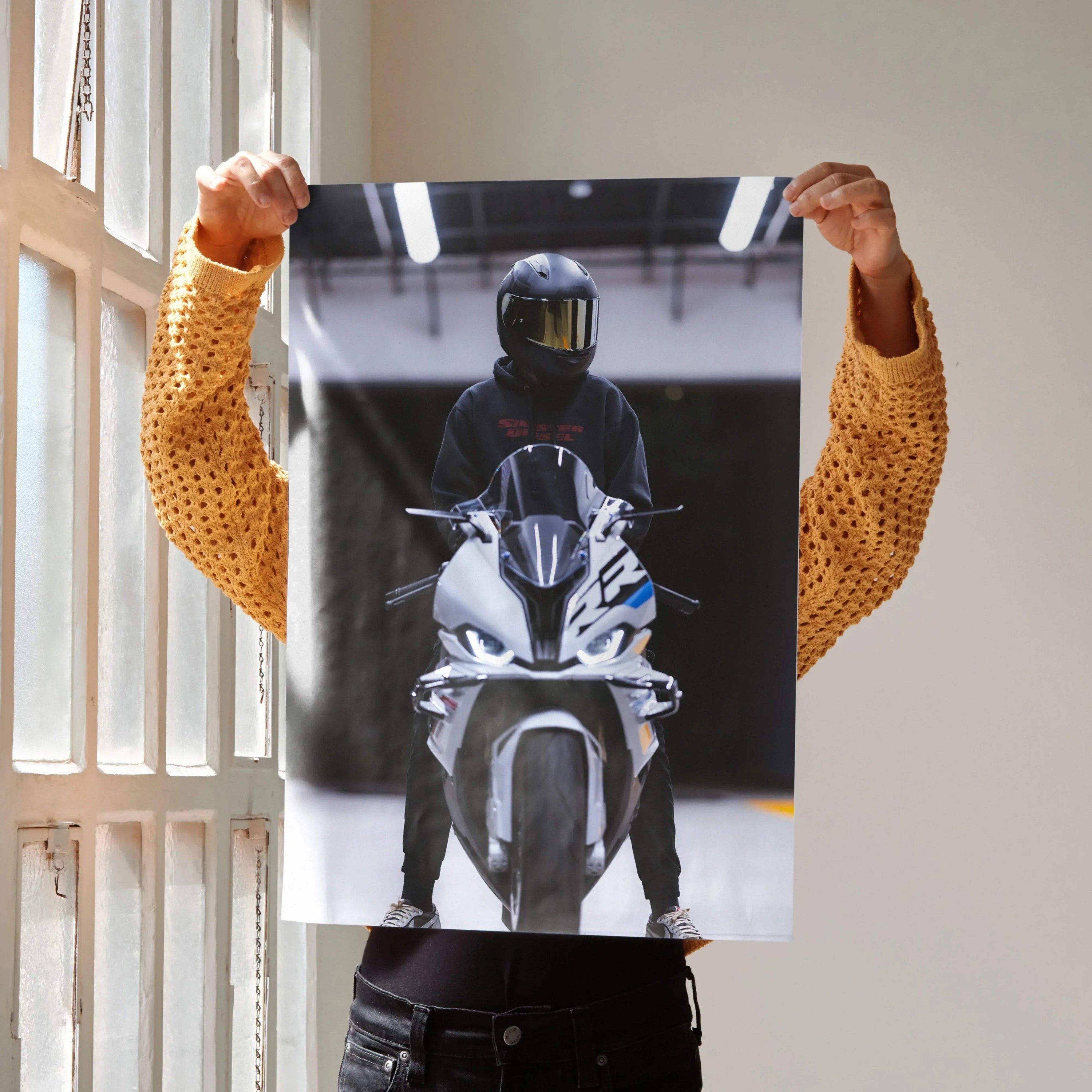 Biker Poster #023 - Male | Shoei RF1200 Helmet | BMW S1000RR Motorcycle - Throttle Designs