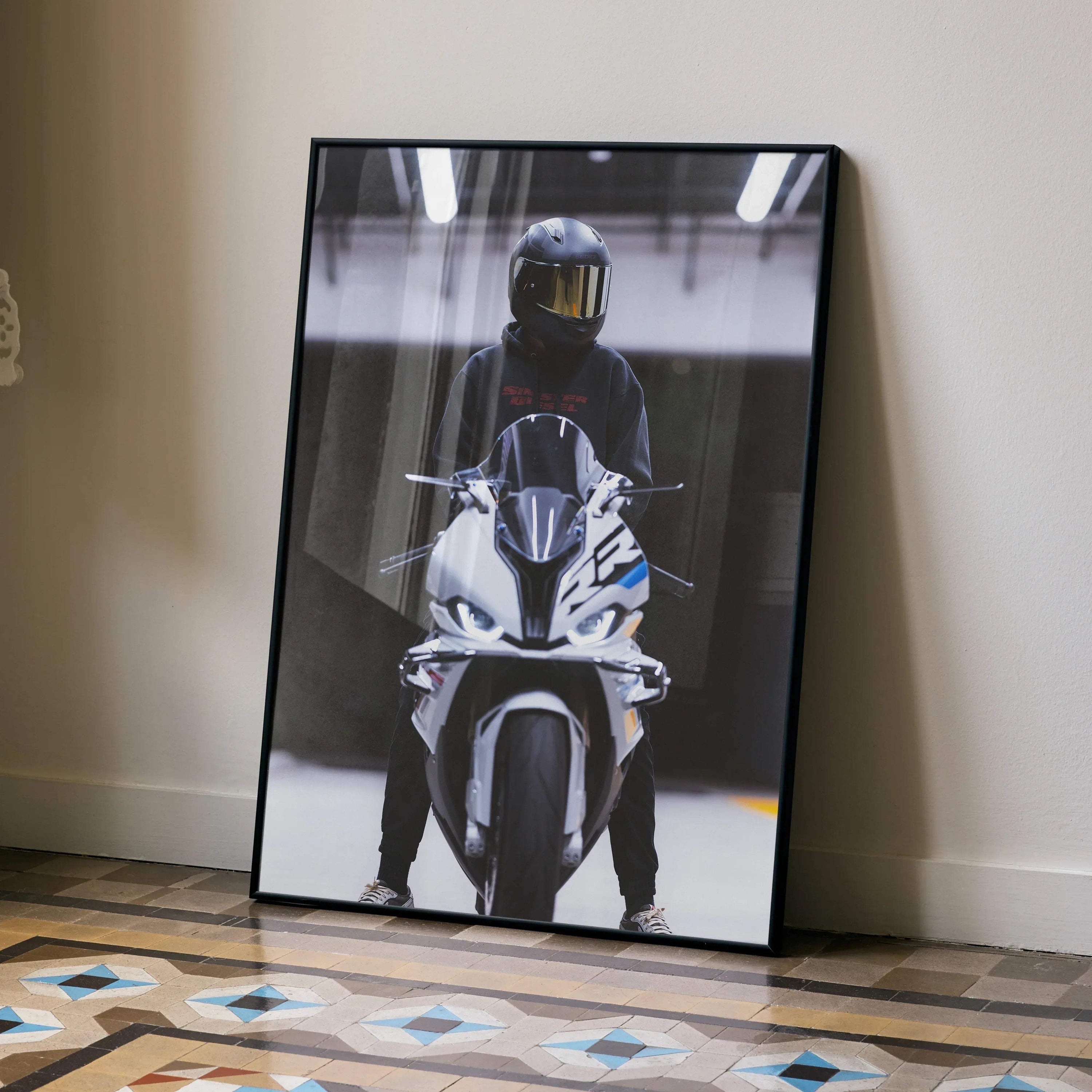Biker Poster #023 - Male | Shoei RF1200 Helmet | BMW S1000RR Motorcycle - Throttle Designs
