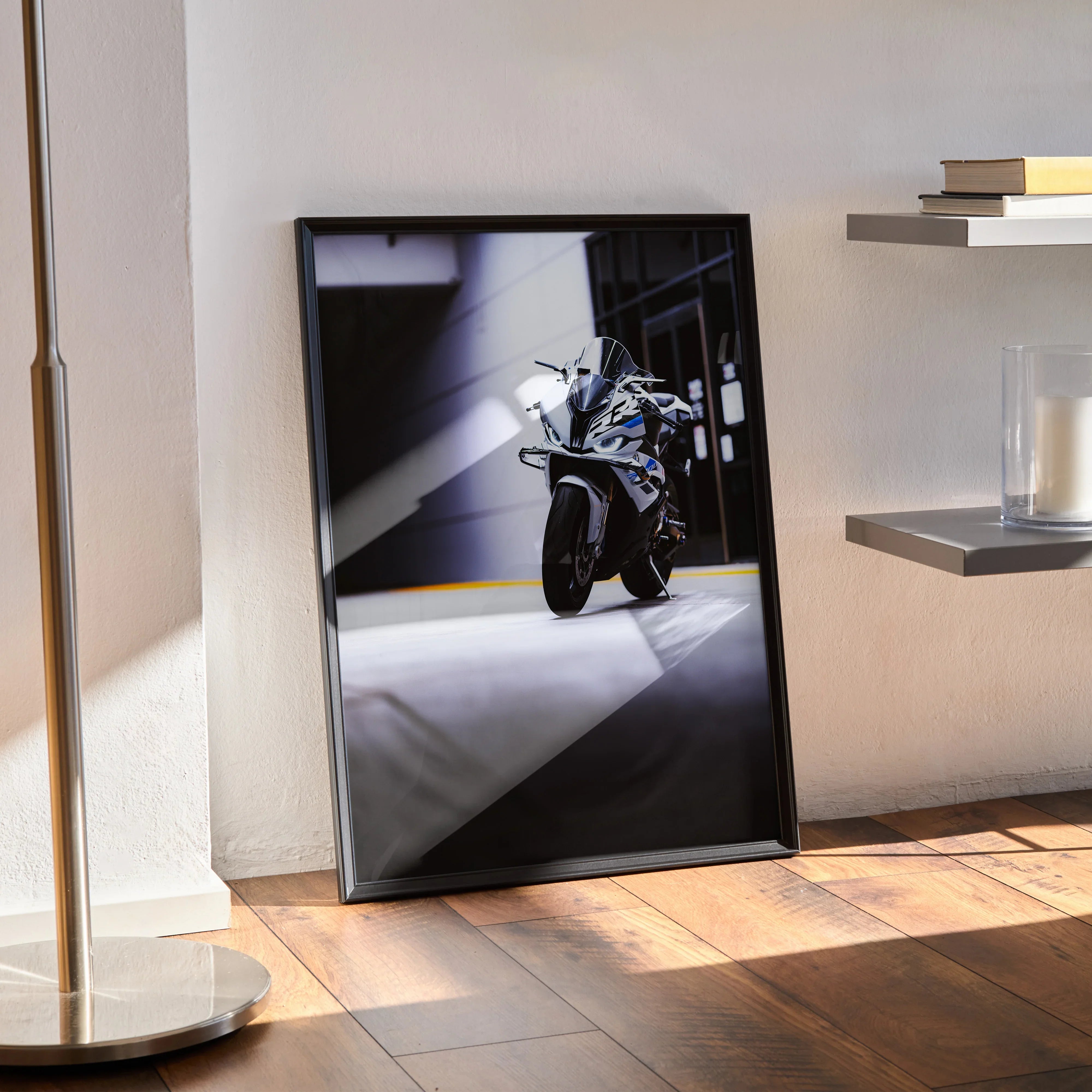 BMW S1000RR motorcycle poster in sleek black frame, modern wall art for enthusiasts.