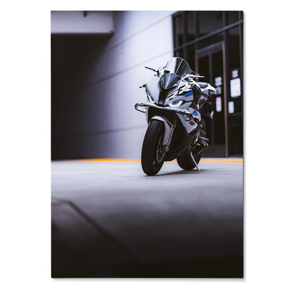 BMW S1000RR motorcycle poster with dynamic front view in urban setting wall art.