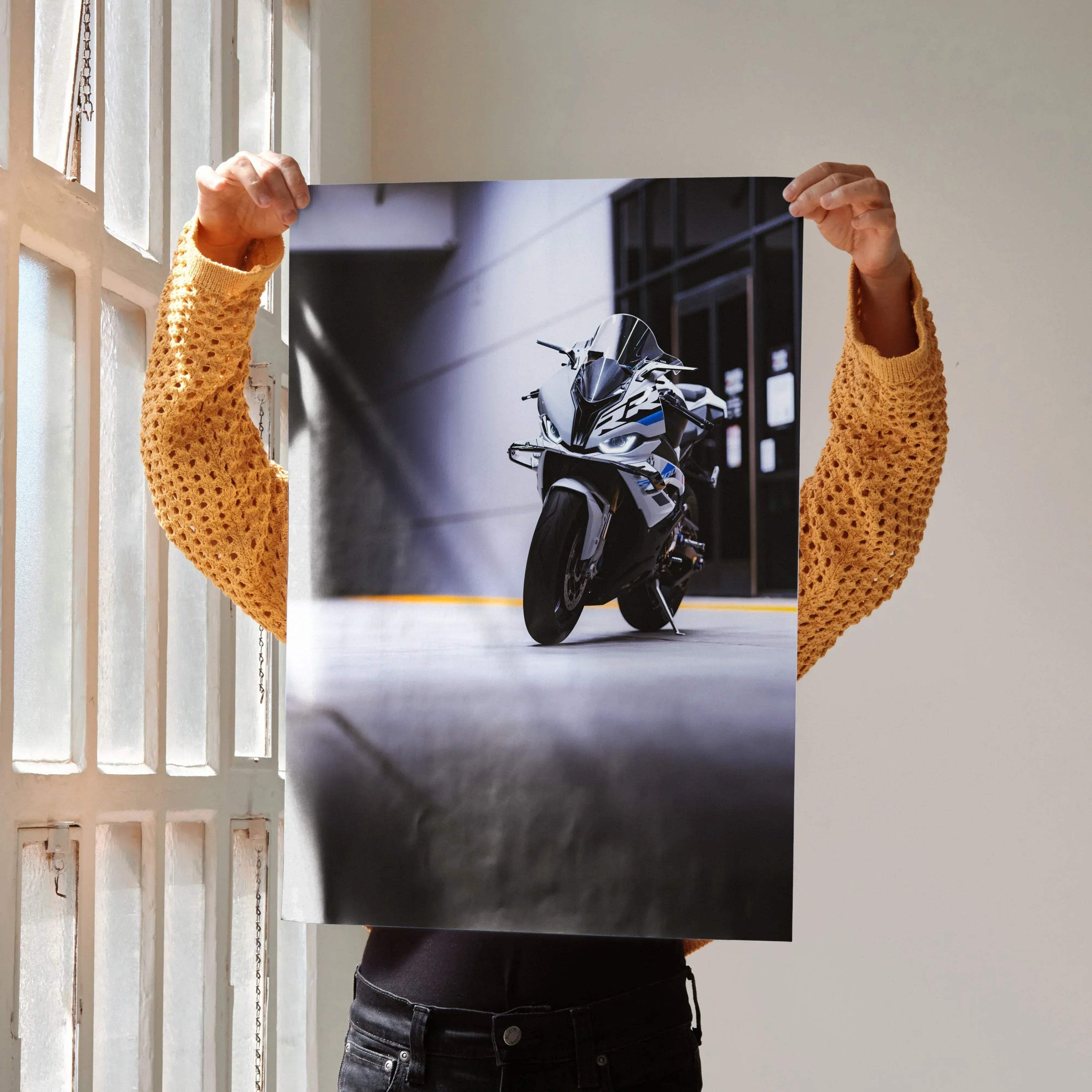 BMW S1000RR motorcycle poster with sleek black bike design, modern wall art for enthusiasts.