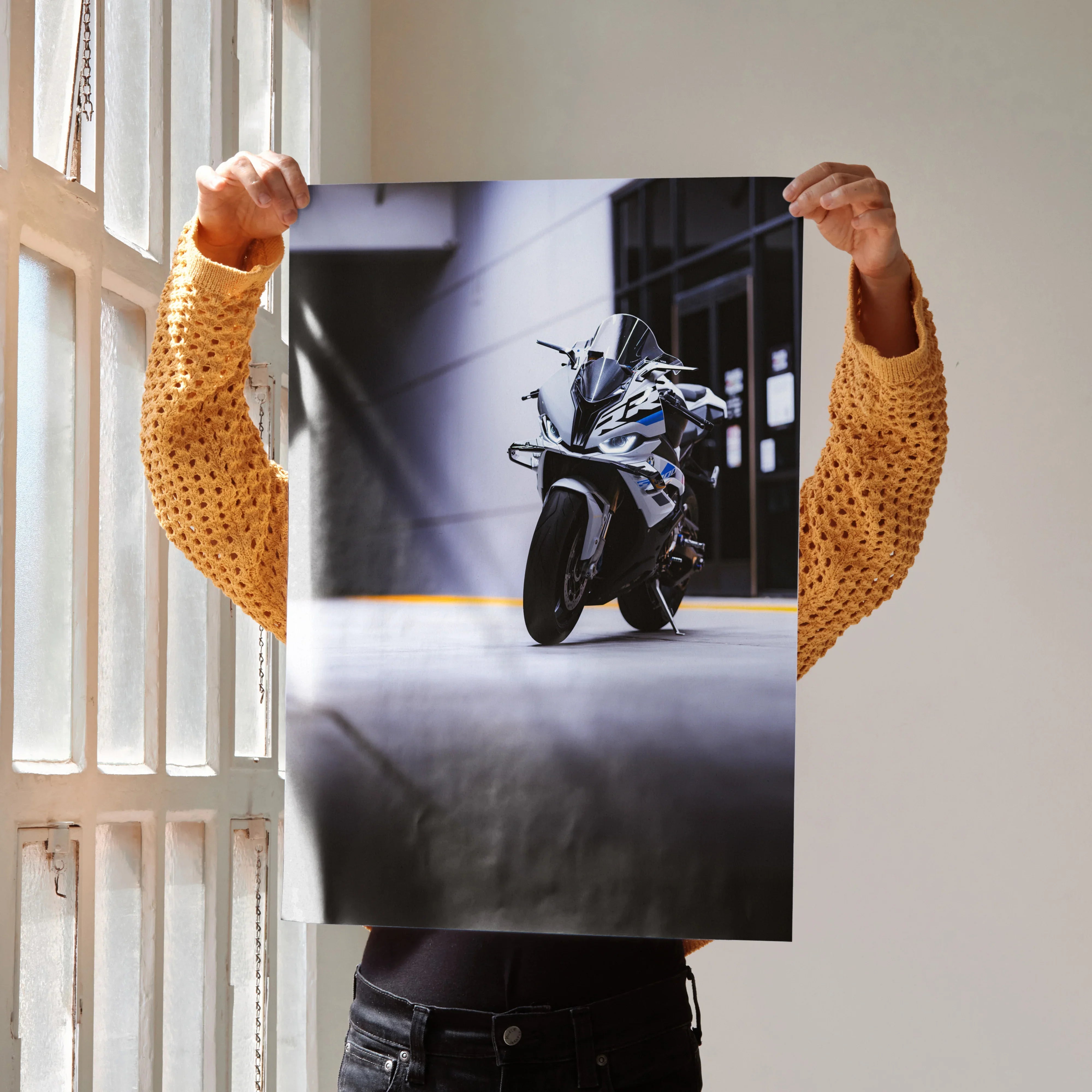 BMW S1000RR motorcycle poster with sleek black bike design, modern wall art for enthusiasts.