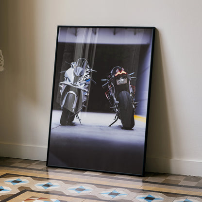 BMW S1000RR and Aprilia RSV4 1100 Factory motorcycles featured in sleek wall art poster with dark background.