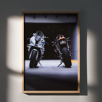 BMW S1000RR and Aprilia RSV4 1100 Factory motorcycles side by side poster wall art.
