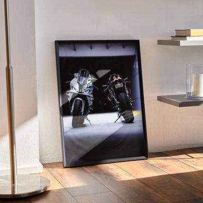 BMW S1000RR and Aprilia RSV4 1100 Factory art poster featuring two sport motorcycles in contrast light, modern wall art.