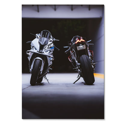 Poster featuring BMW S1000RR and Aprilia RSV4 1100 Factory motorcycles side by side, dark background wall art.