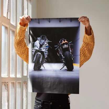 BMW S1000RR and Aprilia RSV4 1100 Factory motorcycles poster wall art held indoors.