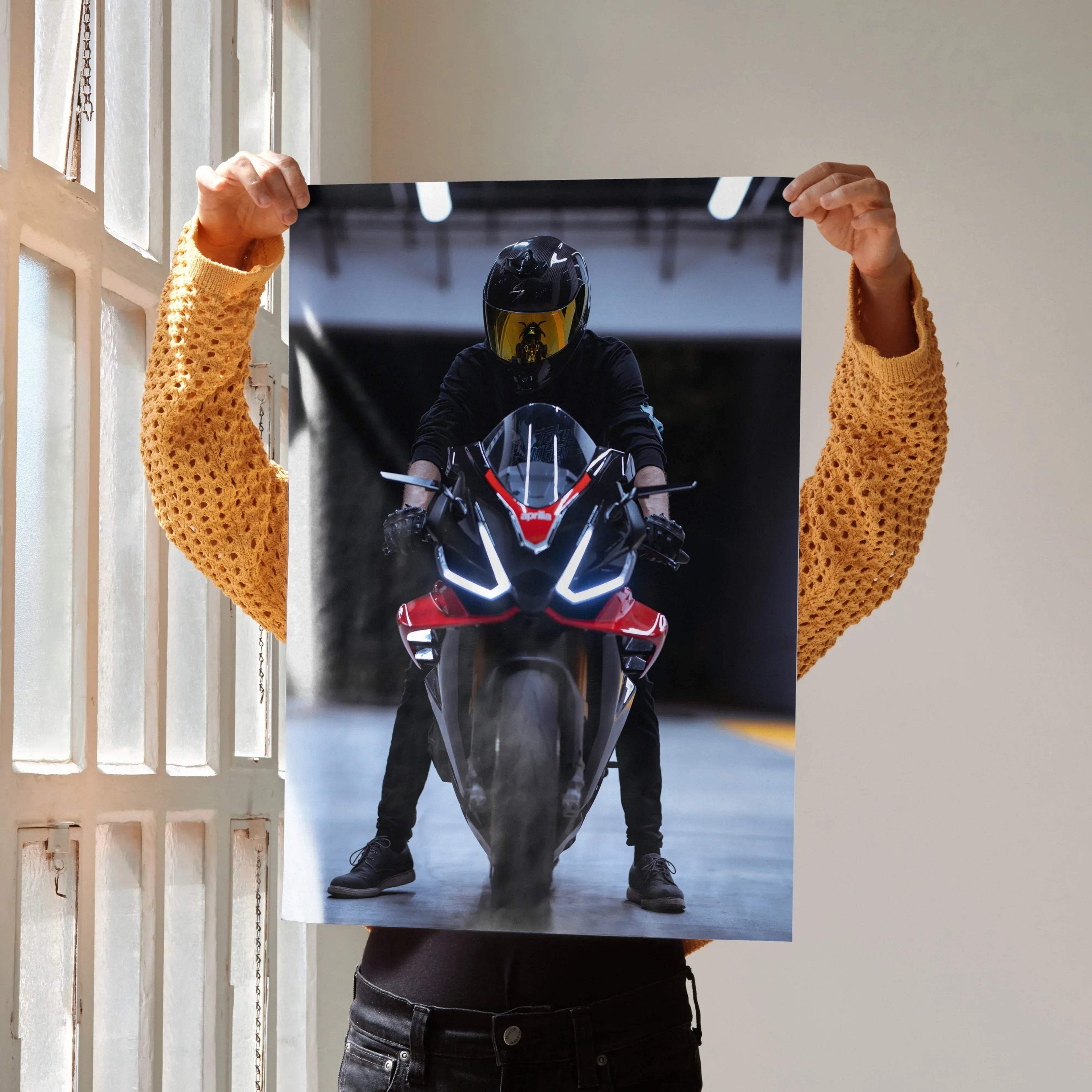 Biker Poster #020 - Male | Scorpion R1 Helmet | Aprilia RSV4 Motorcycle - Throttle Designs