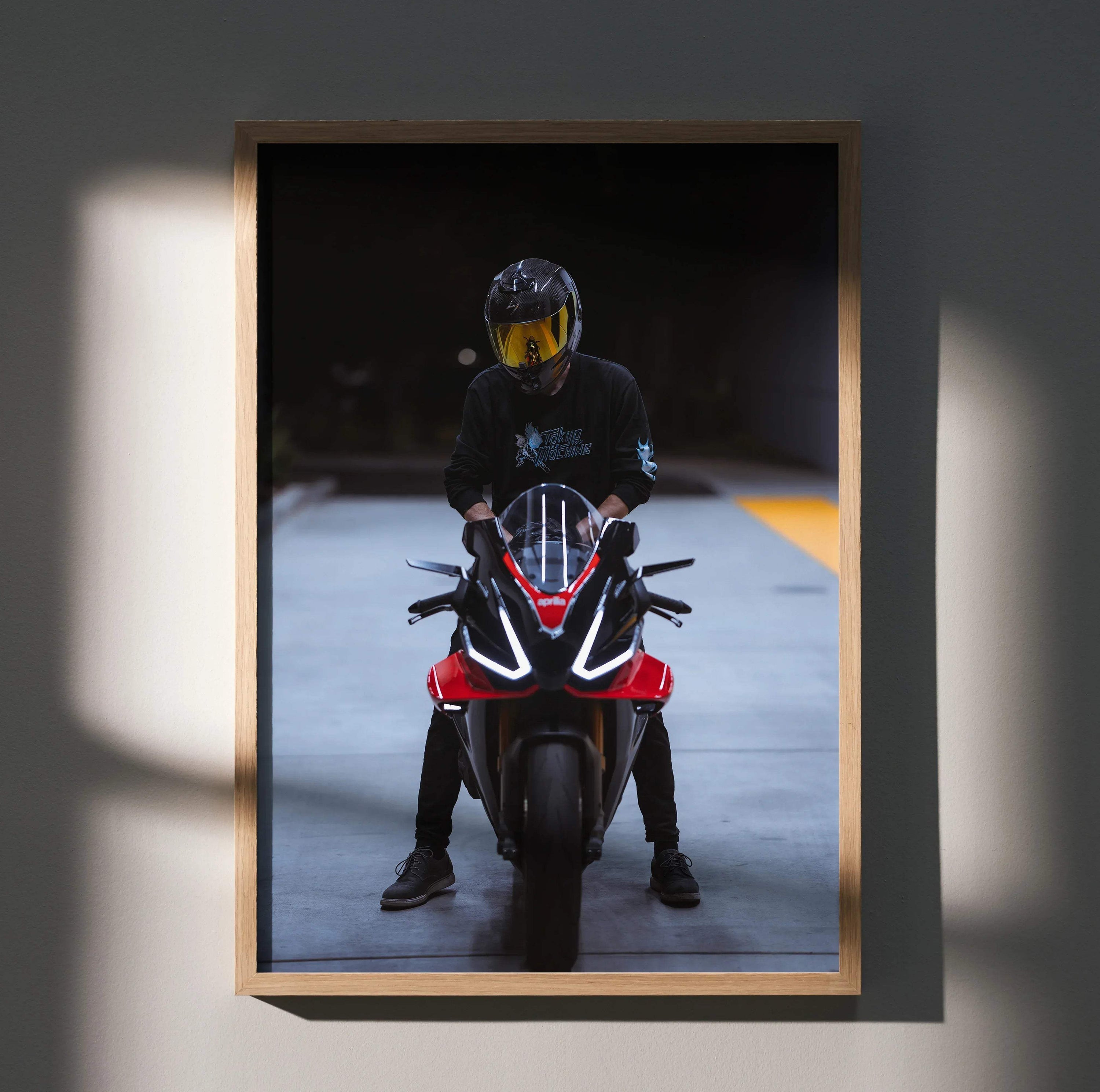 Biker Poster #022 - Male | Scorpion R1 Helmet | Aprilia RSV4 Motorcycle - Throttle Designs