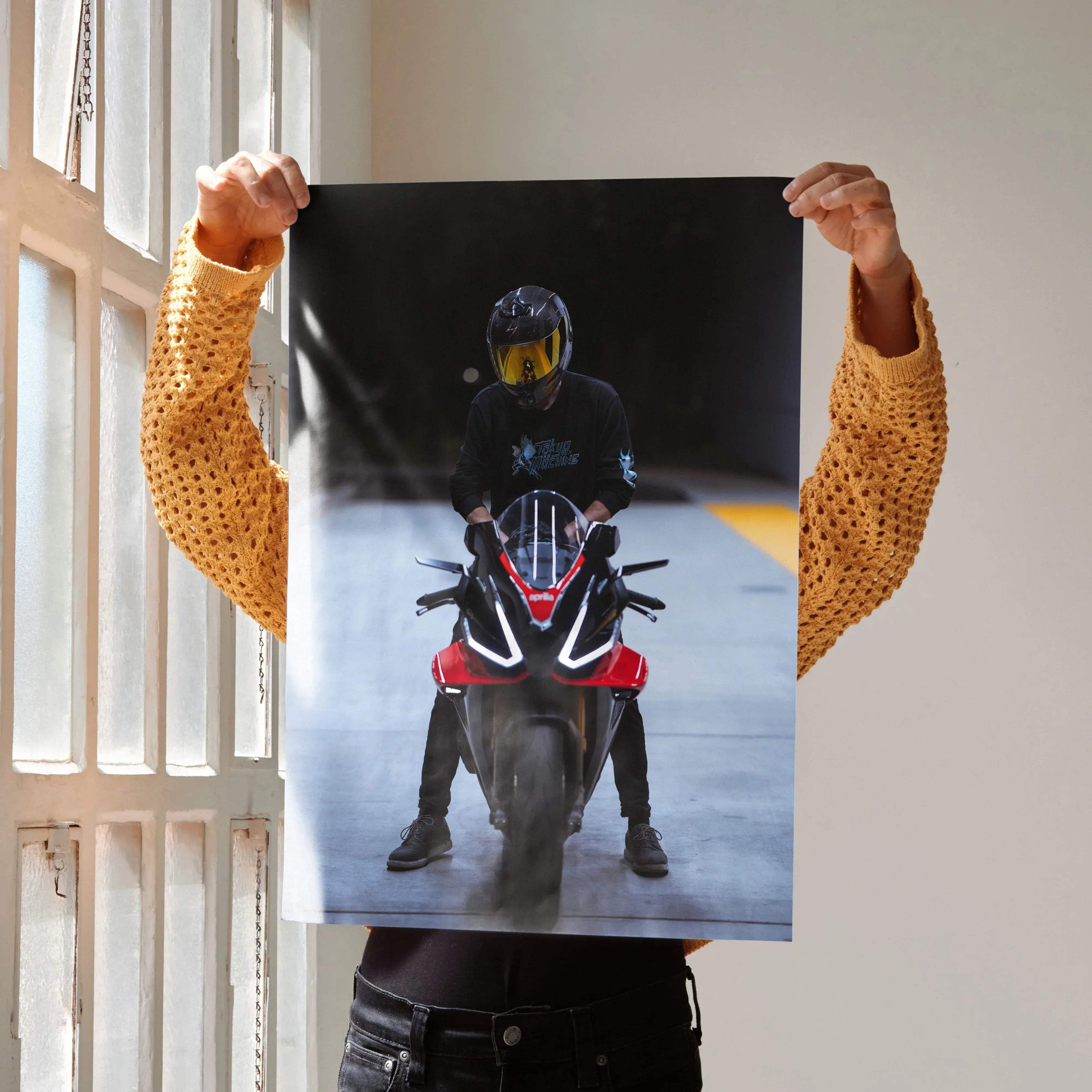 Biker Poster #022 - Male | Scorpion R1 Helmet | Aprilia RSV4 Motorcycle - Throttle Designs