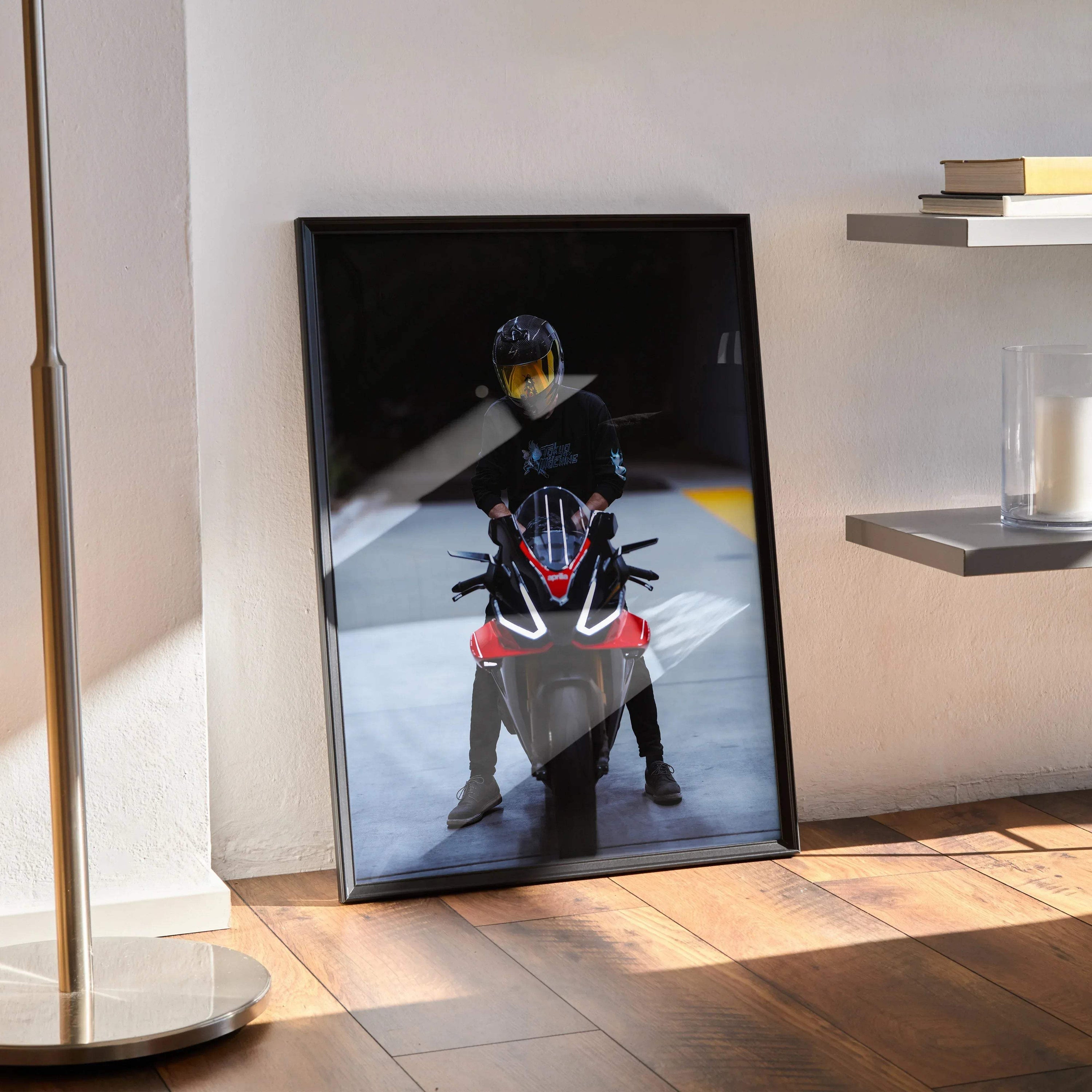 Biker Poster #022 - Male | Scorpion R1 Helmet | Aprilia RSV4 Motorcycle - Throttle Designs