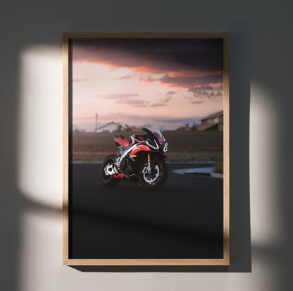 Aprilia RSV4 1100 Factory motorcycle poster with dramatic sunset background Wall Art.
