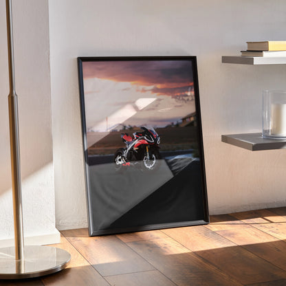 Aprilia RSV4 1100 Factory motorcycle poster with dramatic sunset, sleek black frame wall art.