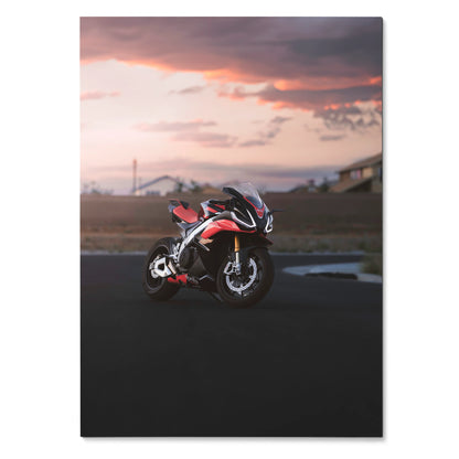 Aprilia RSV4 1100 Factory motorcycle parked at sunset poster wall art.