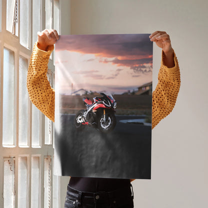 Aprilia RSV4 1100 Factory motorcycle poster with dramatic sunset background, wall art print.