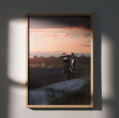 Aprilia RSV4 1100 Factory motorcycle poster with sunset sky in premium wood frame wall art.