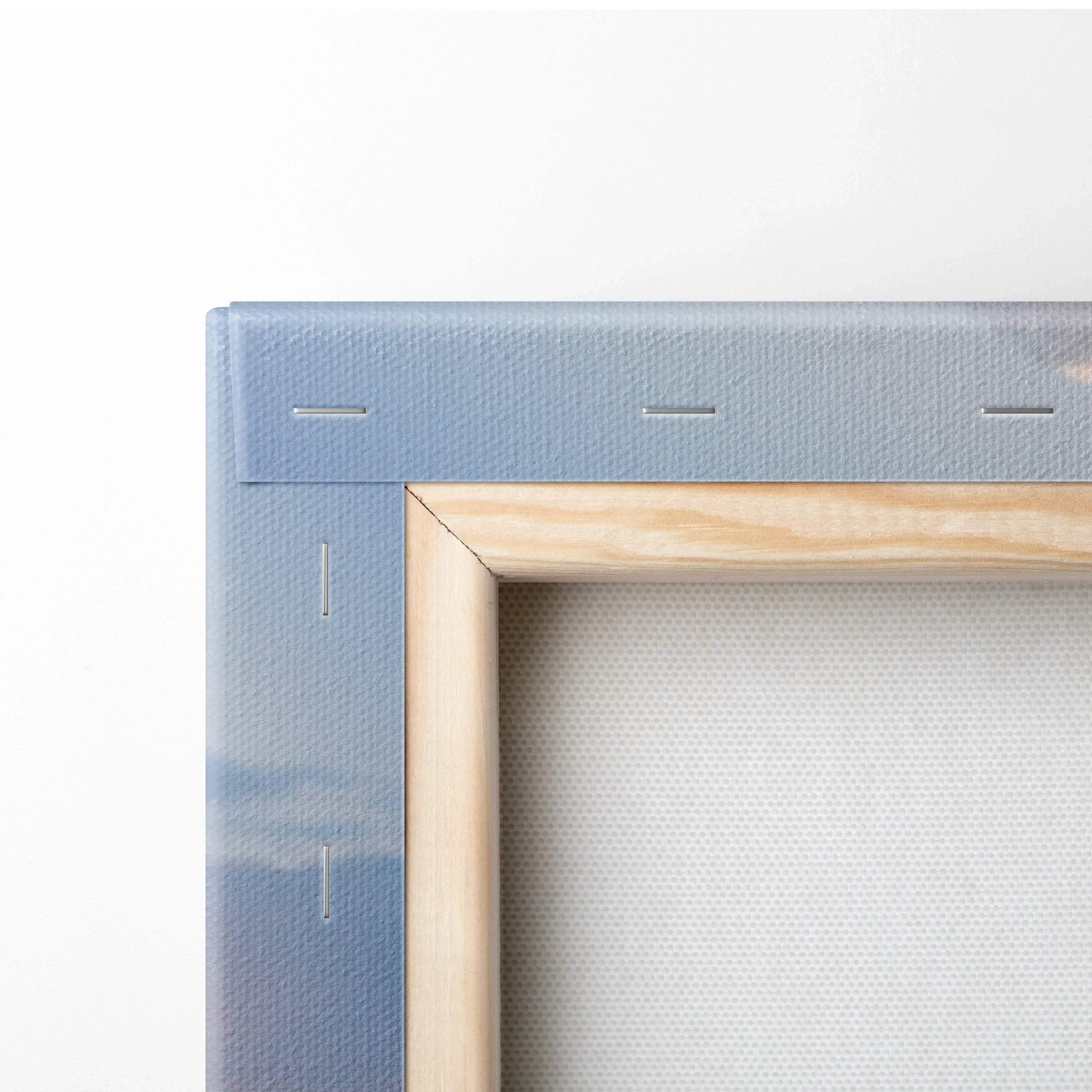 Close-up of wooden frame and canvas edges on vertical wall art canvas print.