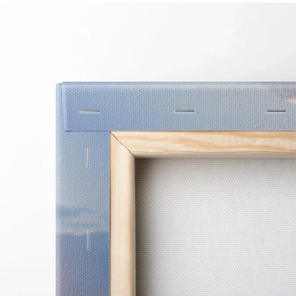 Close-up of wooden frame and canvas edges on vertical wall art canvas print.