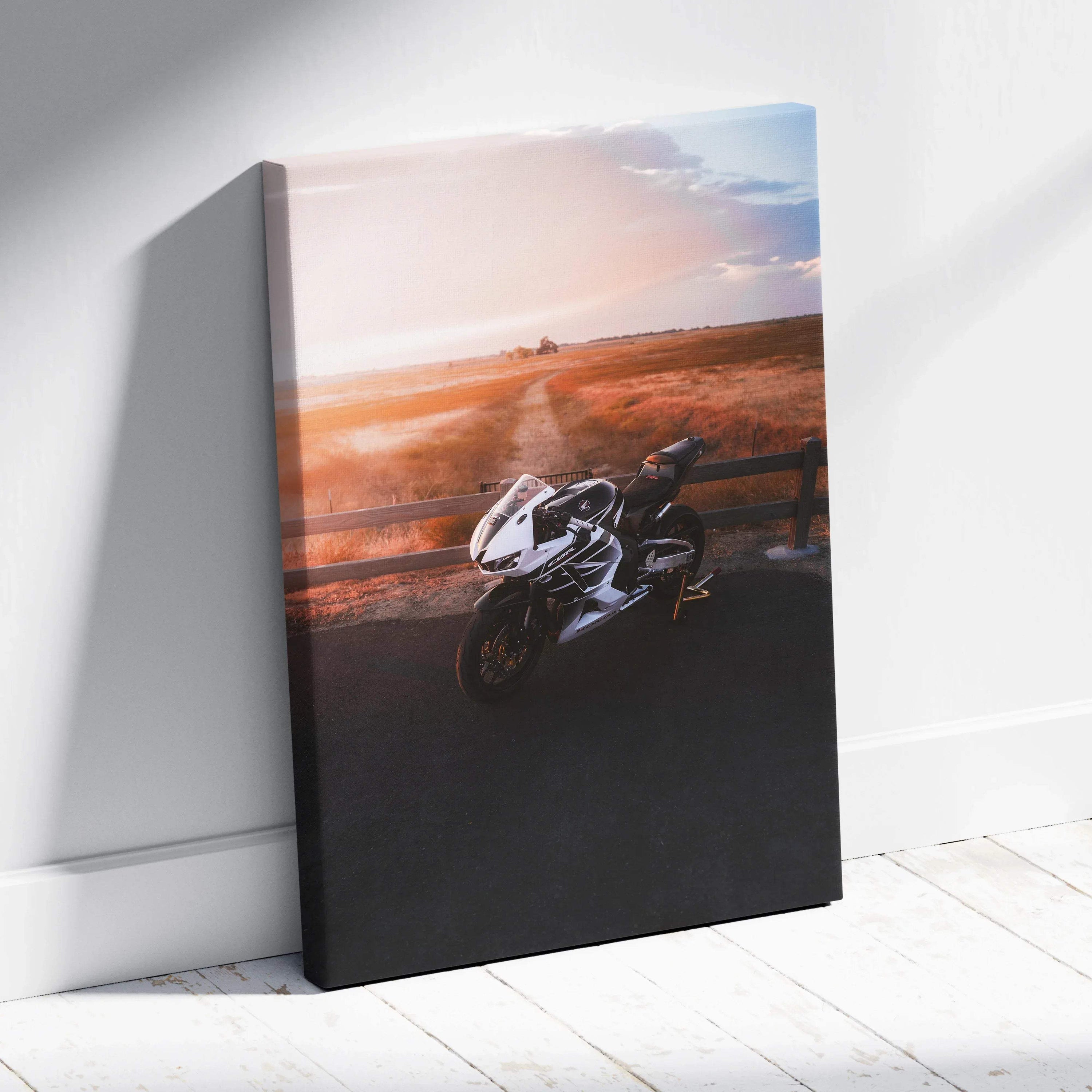 Honda CBR600RR motorcycle on road at sunset vertical canvas wall art print.