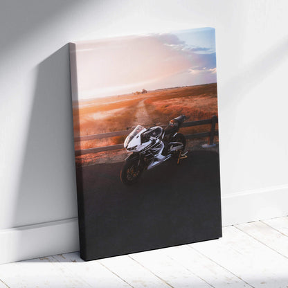 Honda CBR600RR motorcycle on road at sunset vertical canvas wall art print.