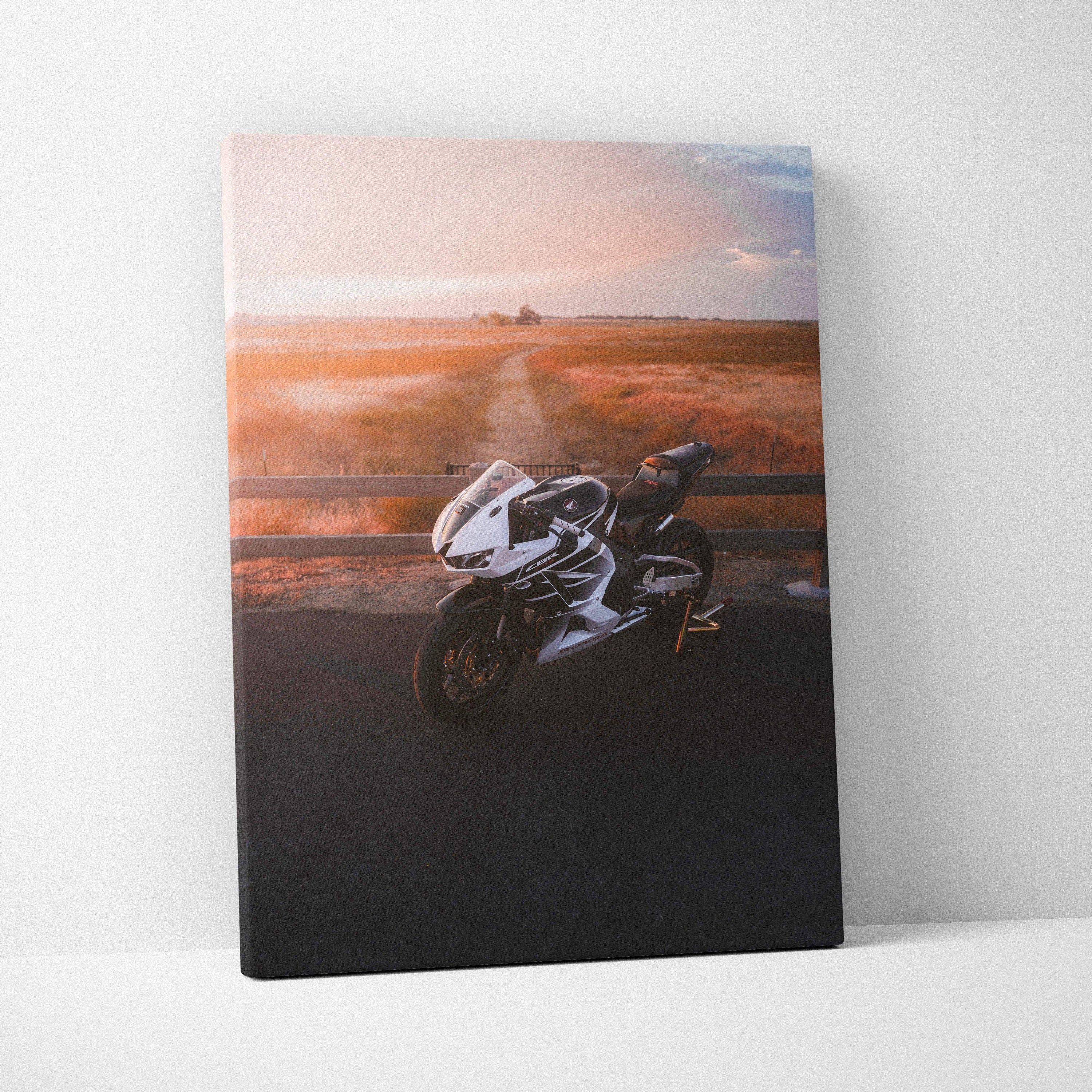 Honda CBR600RR motorcycle canvas art with sunset and rural road background wall art.
