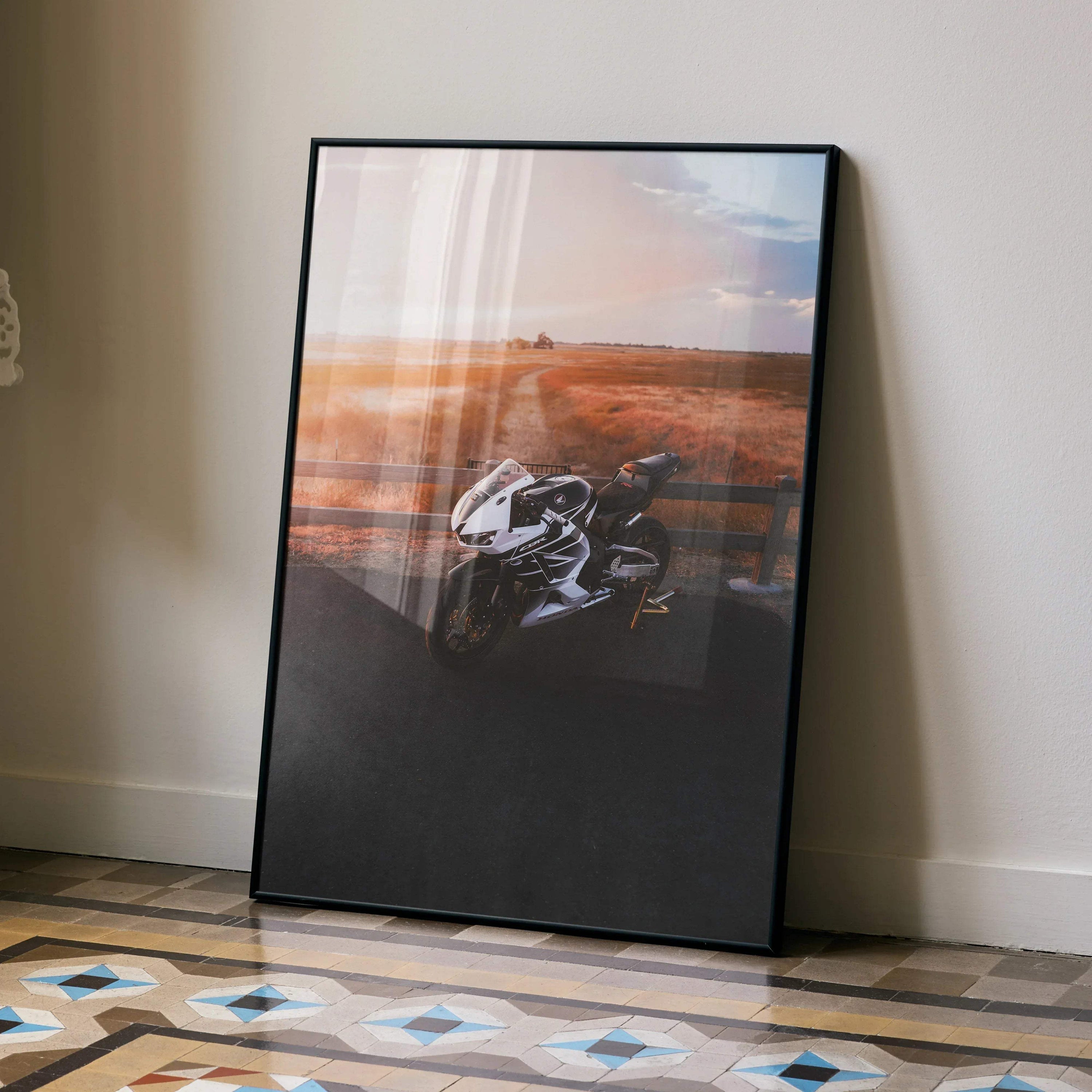Honda CBR600RR motorcycle poster with sunset background, sleek black frame wall art.