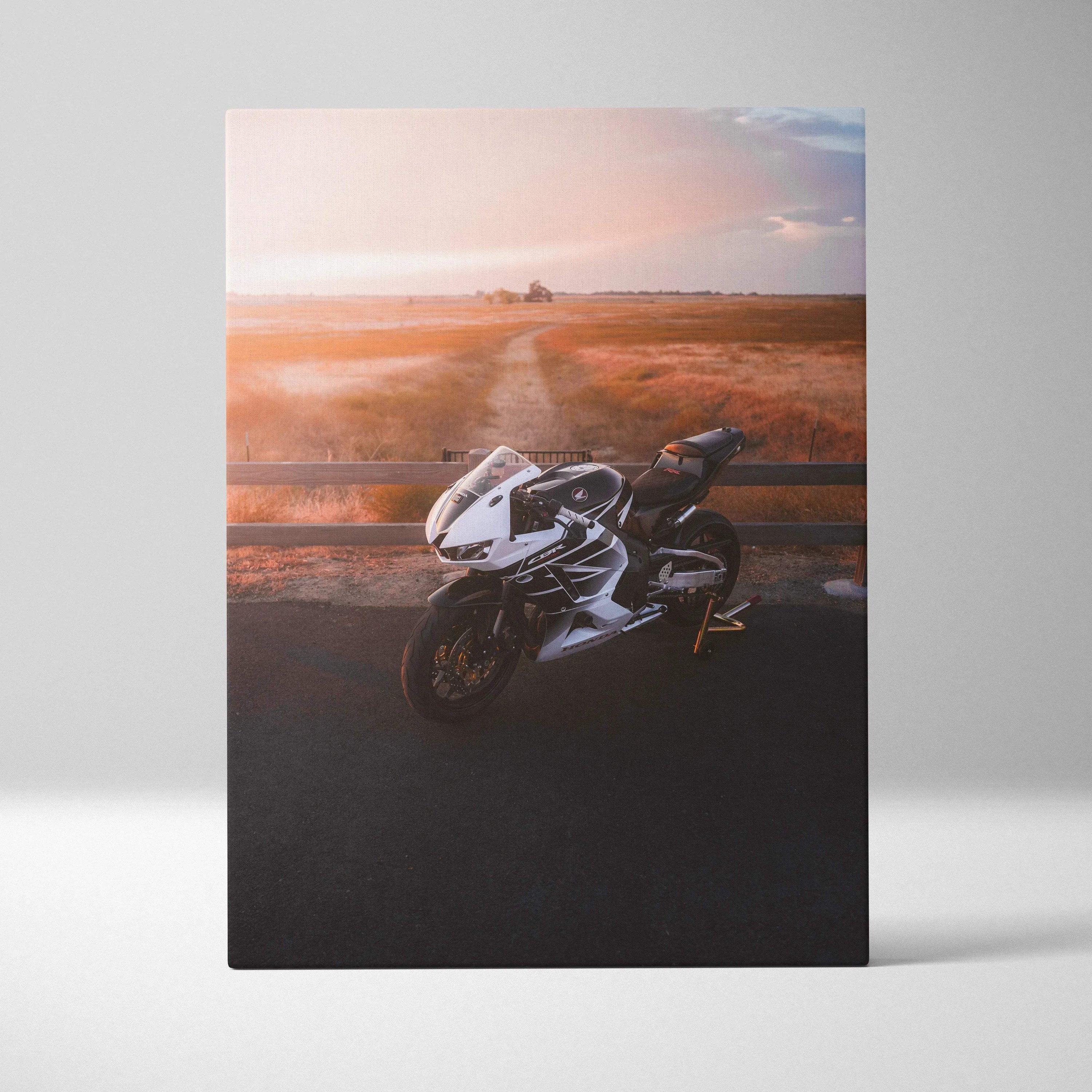Honda CBR600RR motorcycle canvas art with sunset background, vertical wall art print.