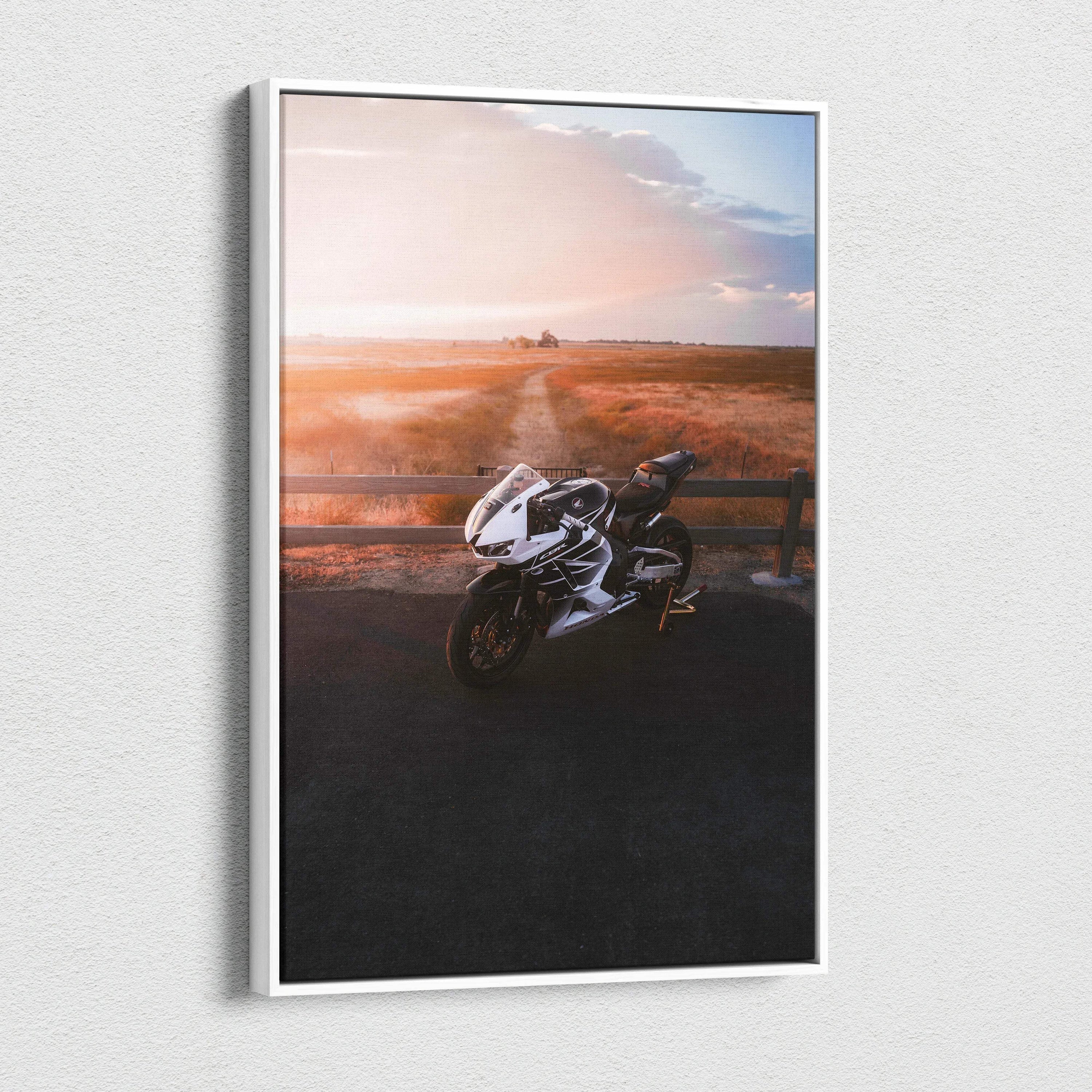 Honda CBR600RR motorcycle canvas art with sunset landscape, vertical wall art print.