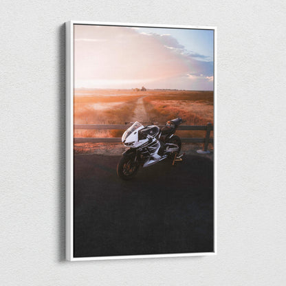 Honda CBR600RR motorcycle canvas art with sunset landscape, vertical wall art print.