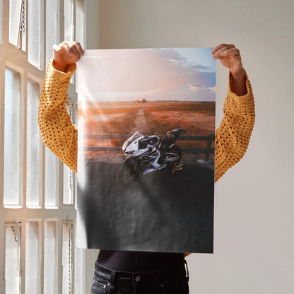 Honda CBR600RR motorcycle poster wall art with sunset background in warm tones.